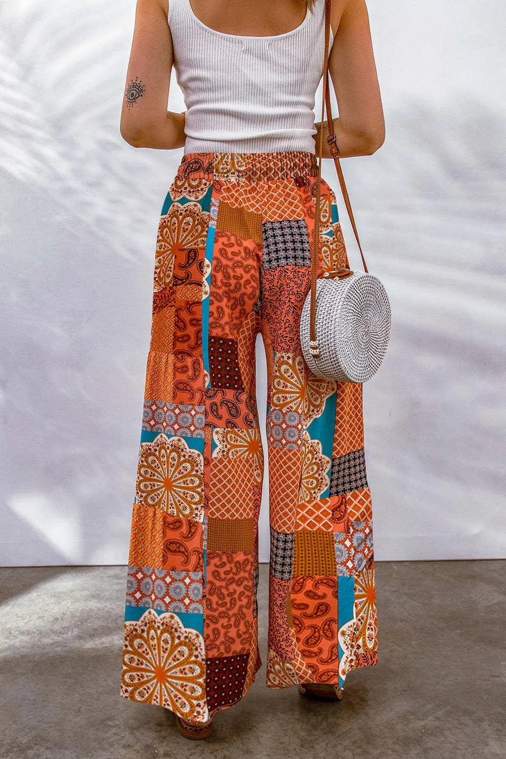 Full Size Drawstring Printed Wide Leg Pants - Roe Creation