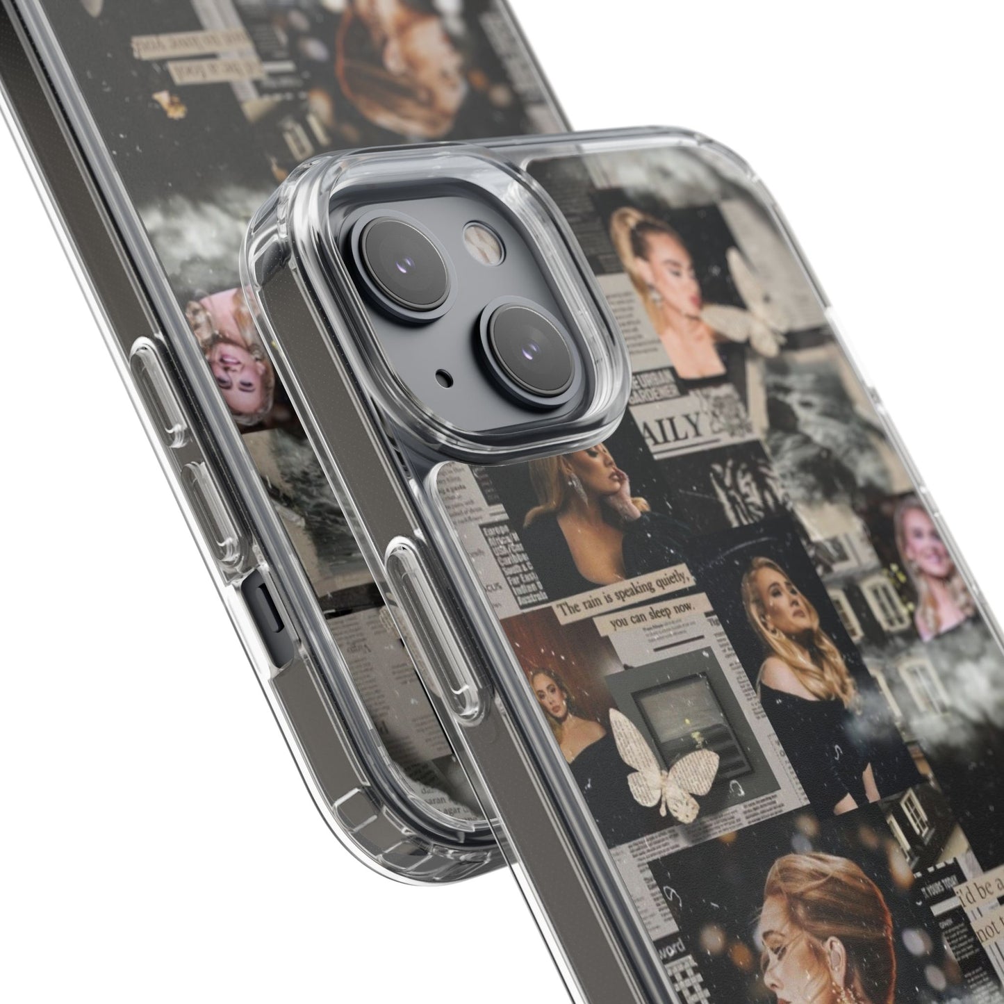 Adele Aesthetic Clear Phone Case with Butterfly Collage Design