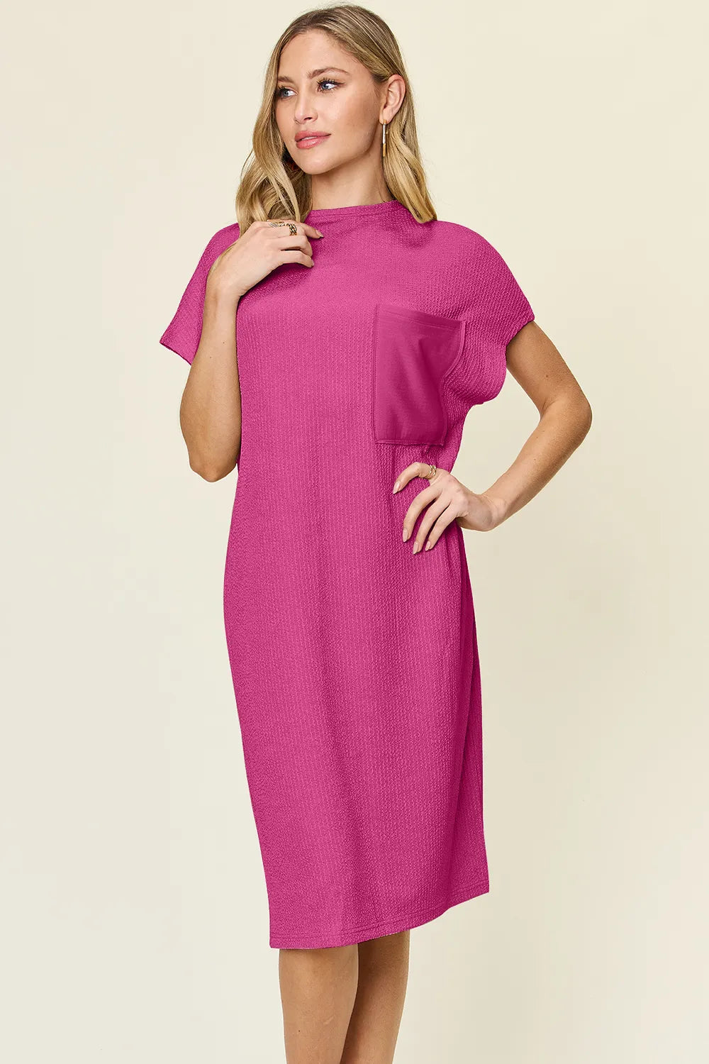 Double Take Full Size Texture Mock Neck Short Sleeve Dress - Roe Creation