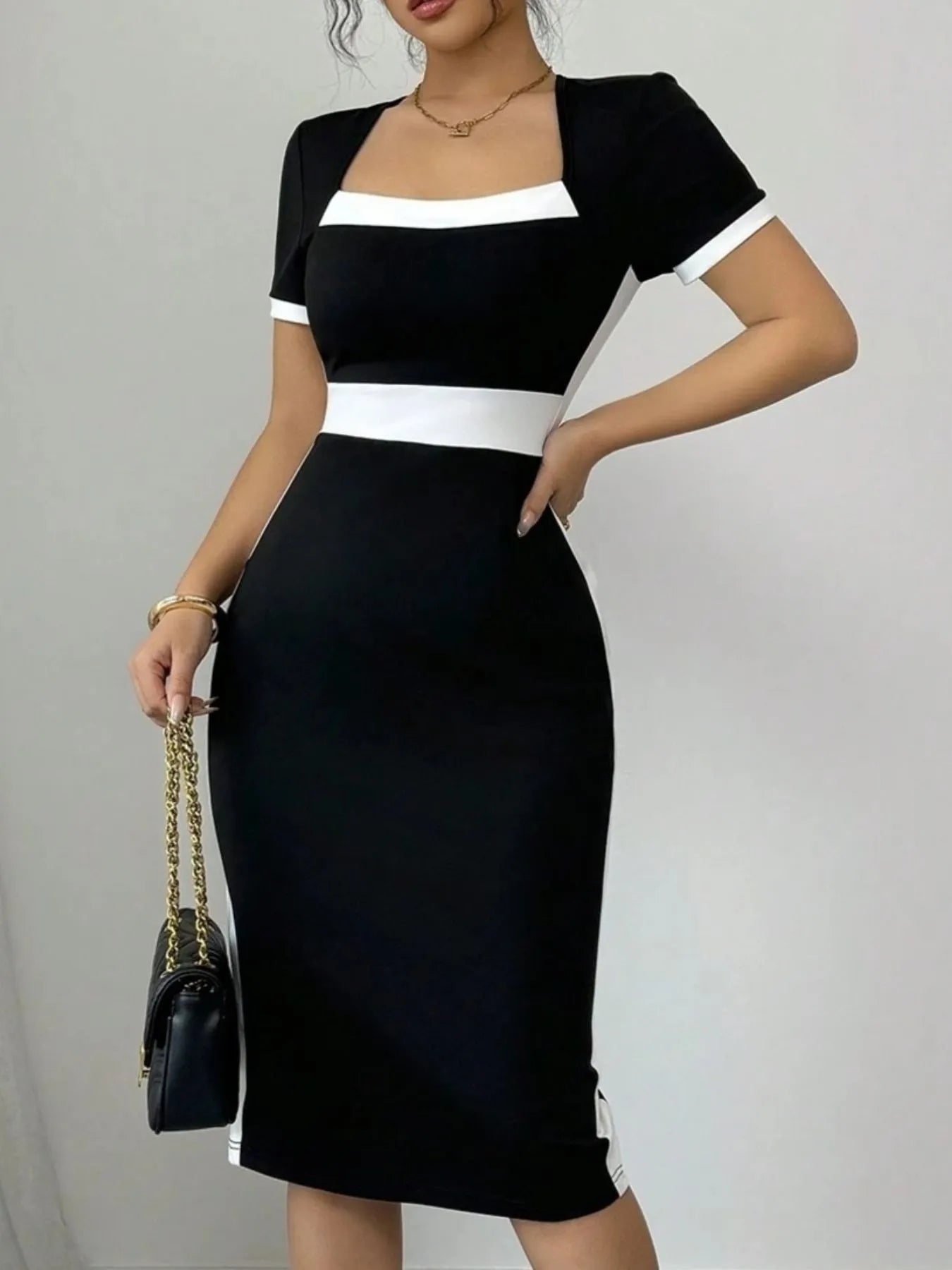 Two-Tone Short Sleeve Bodycon Dress - Roe Creation