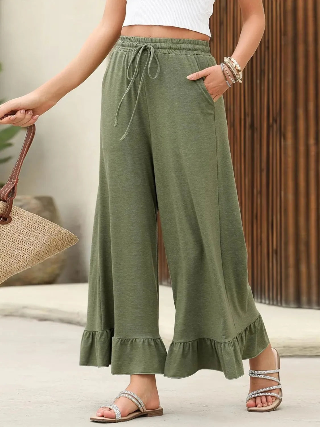 Ruffled Hem Wide Leg Pants - Roe Creation