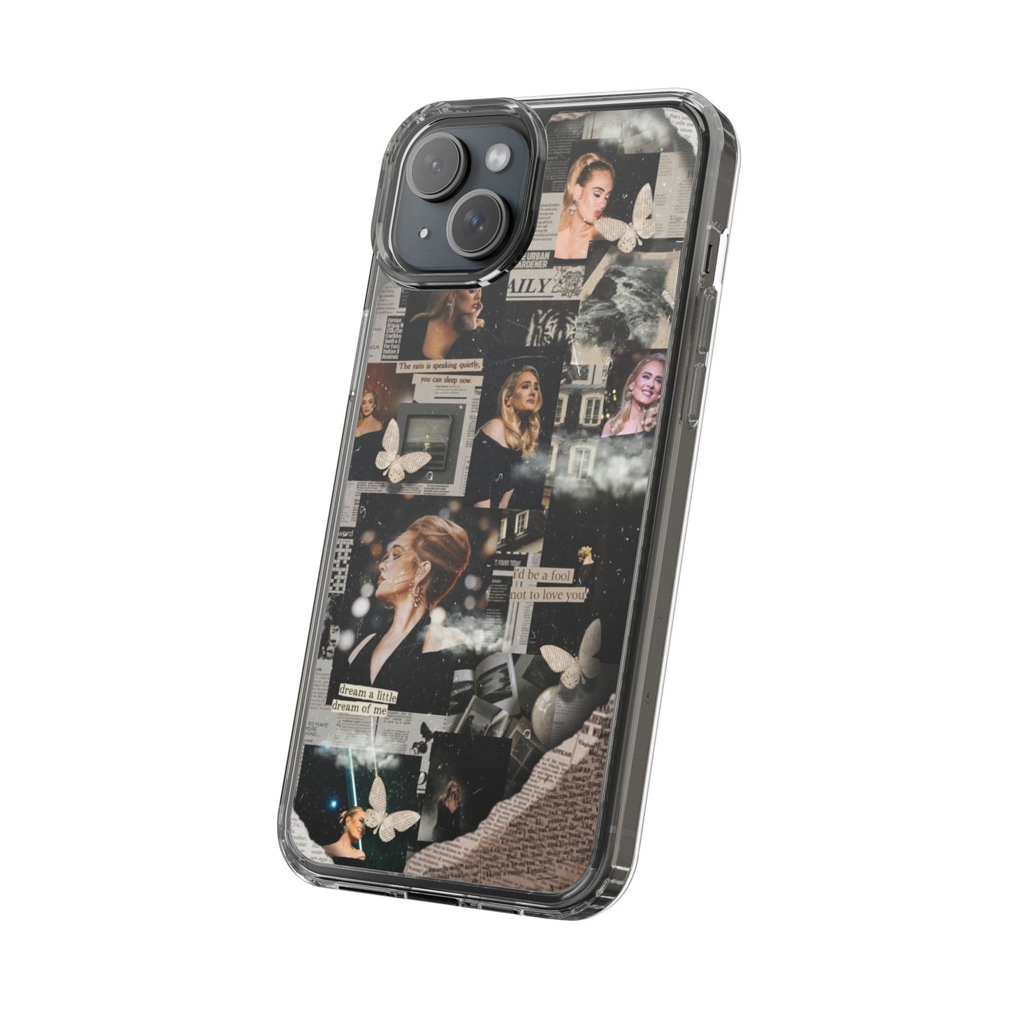 Adele Aesthetic Clear Phone Case with Butterfly Collage Design
