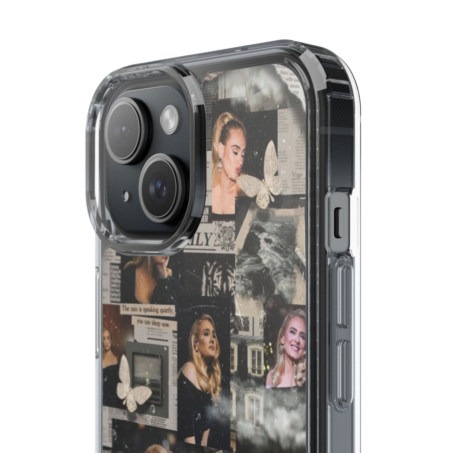 Adele Aesthetic Clear Phone Case with Butterfly Collage Design