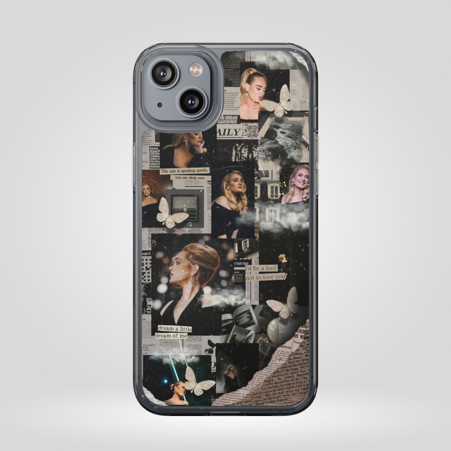 Adele Aesthetic Clear Phone Case with Butterfly Collage Design