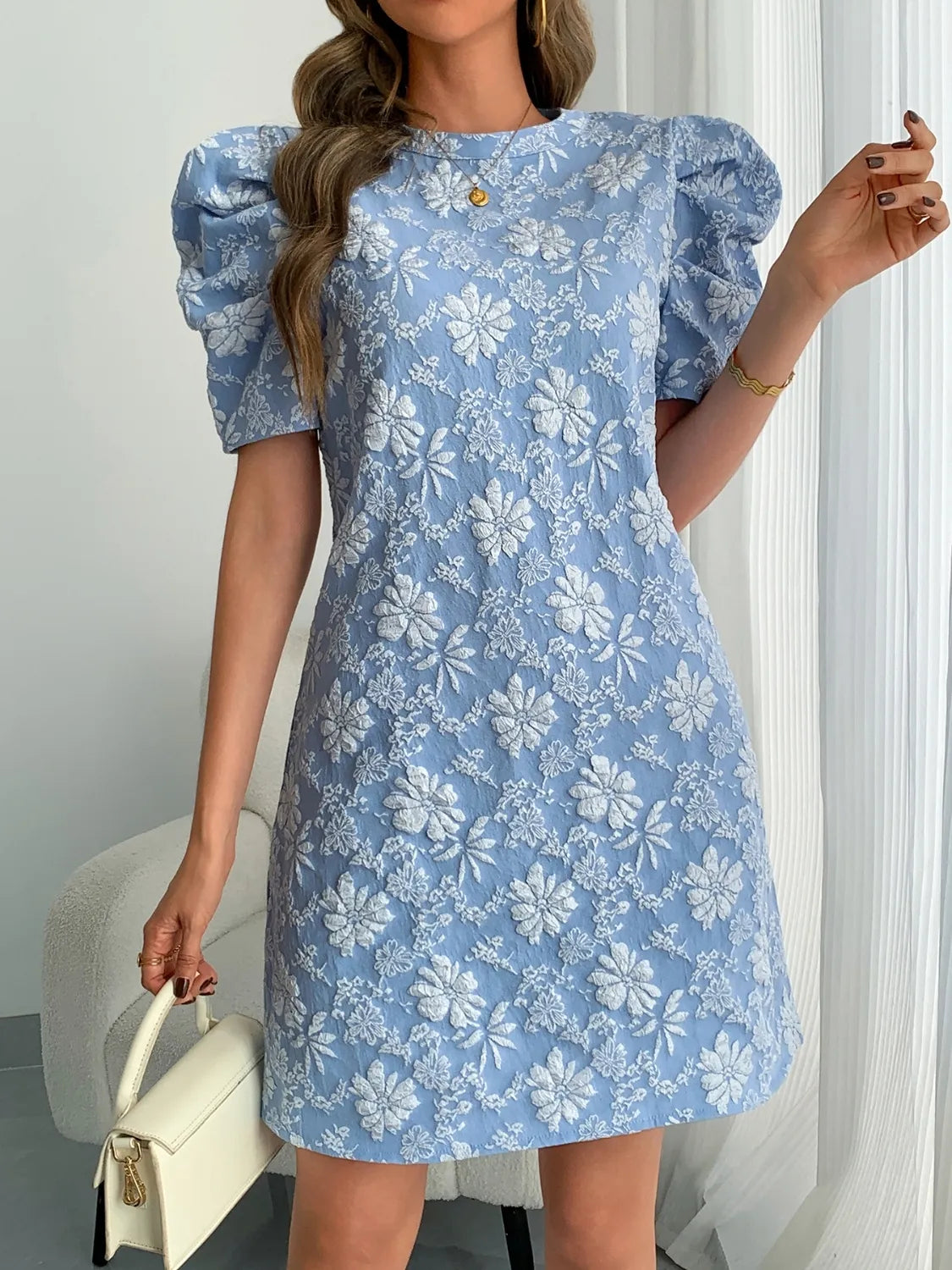 Round Neck Puff Short Sleeve Mini Dress - Roe Creation