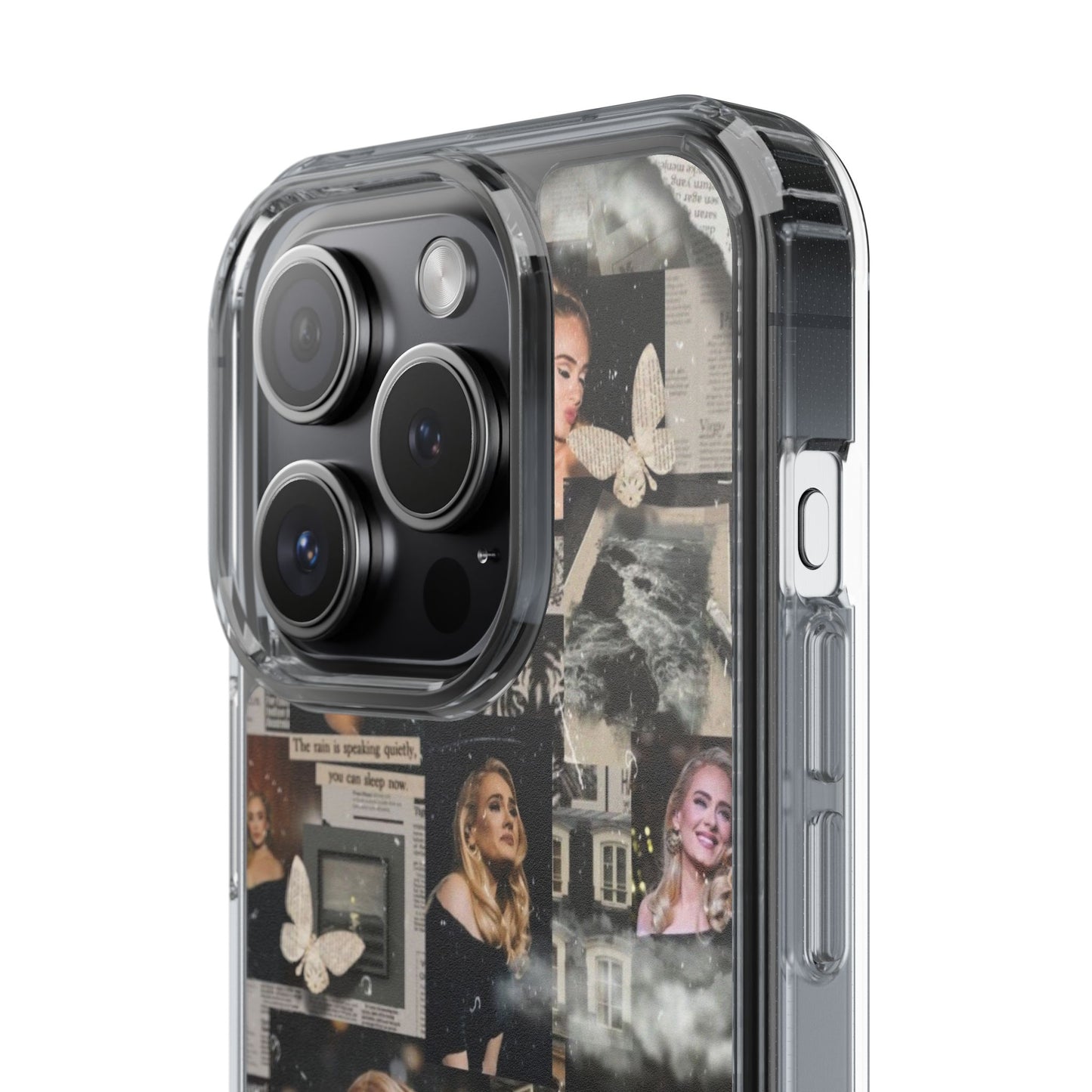 Adele Aesthetic Clear Phone Case with Butterfly Collage Design