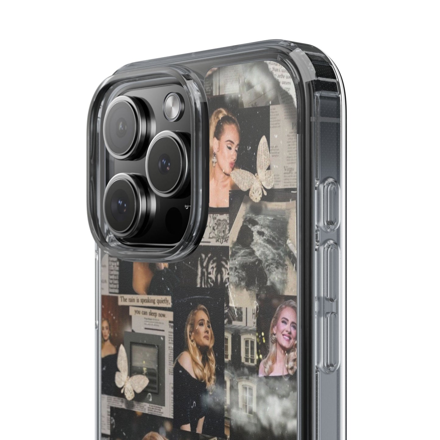 Adele Aesthetic Clear Phone Case with Butterfly Collage Design