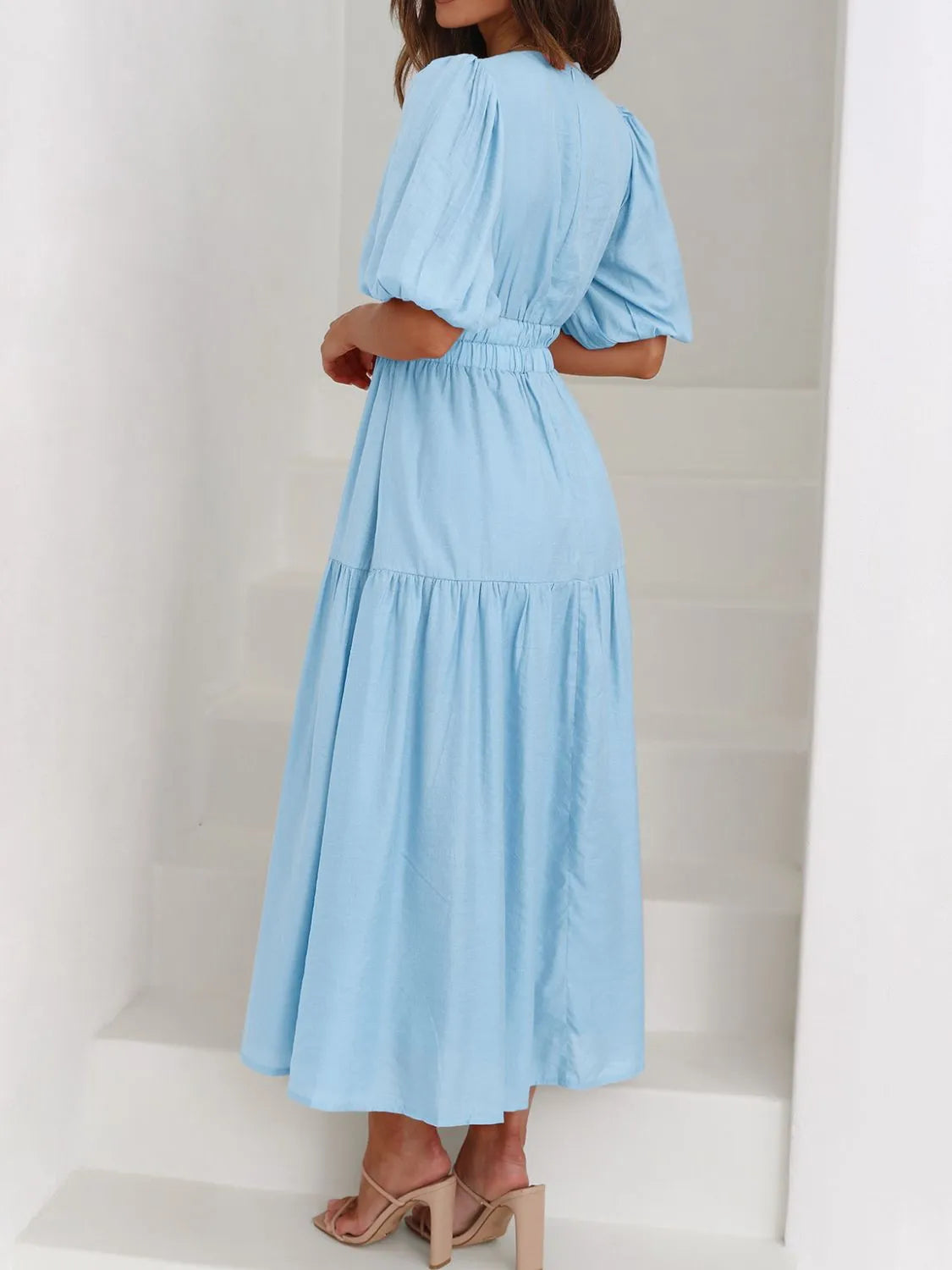 V-Neck Puff Sleeve Midi Dress - Roe Creation