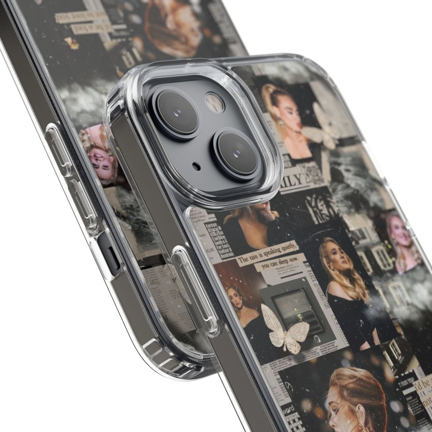 Adele Aesthetic Clear Phone Case with Butterfly Collage Design