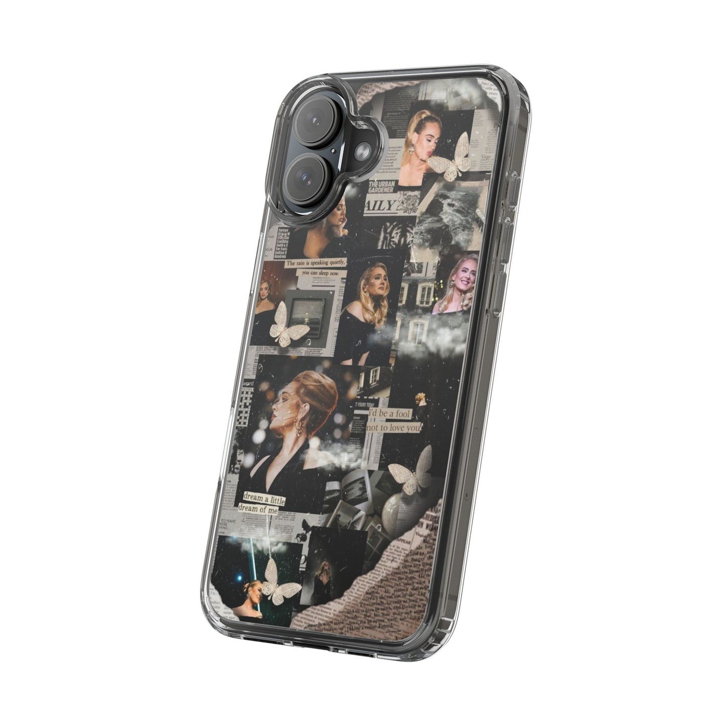 Adele Aesthetic Clear Phone Case with Butterfly Collage Design