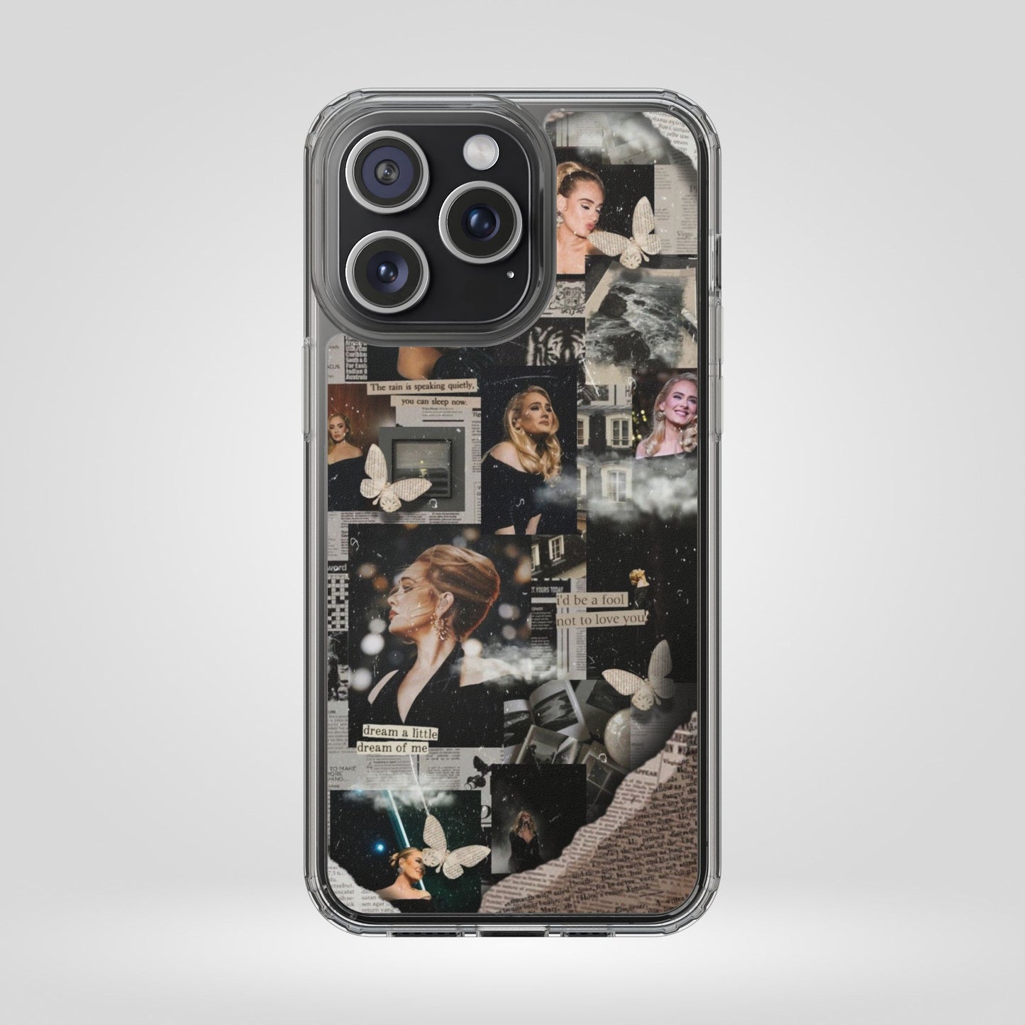 Adele Aesthetic Clear Phone Case with Butterfly Collage Design