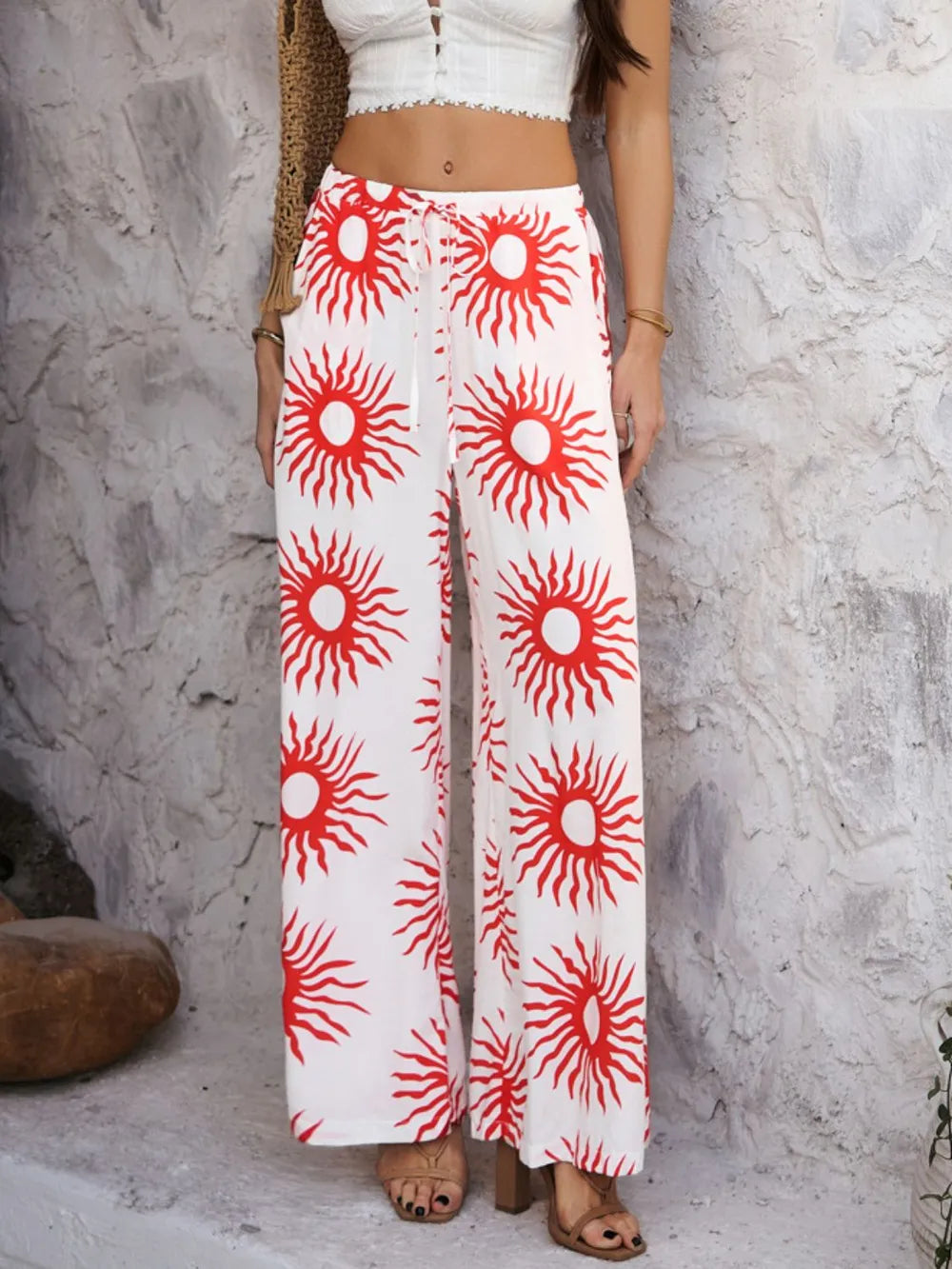 Devine Drawstring Printed Wide Leg Pants - Roe Creation