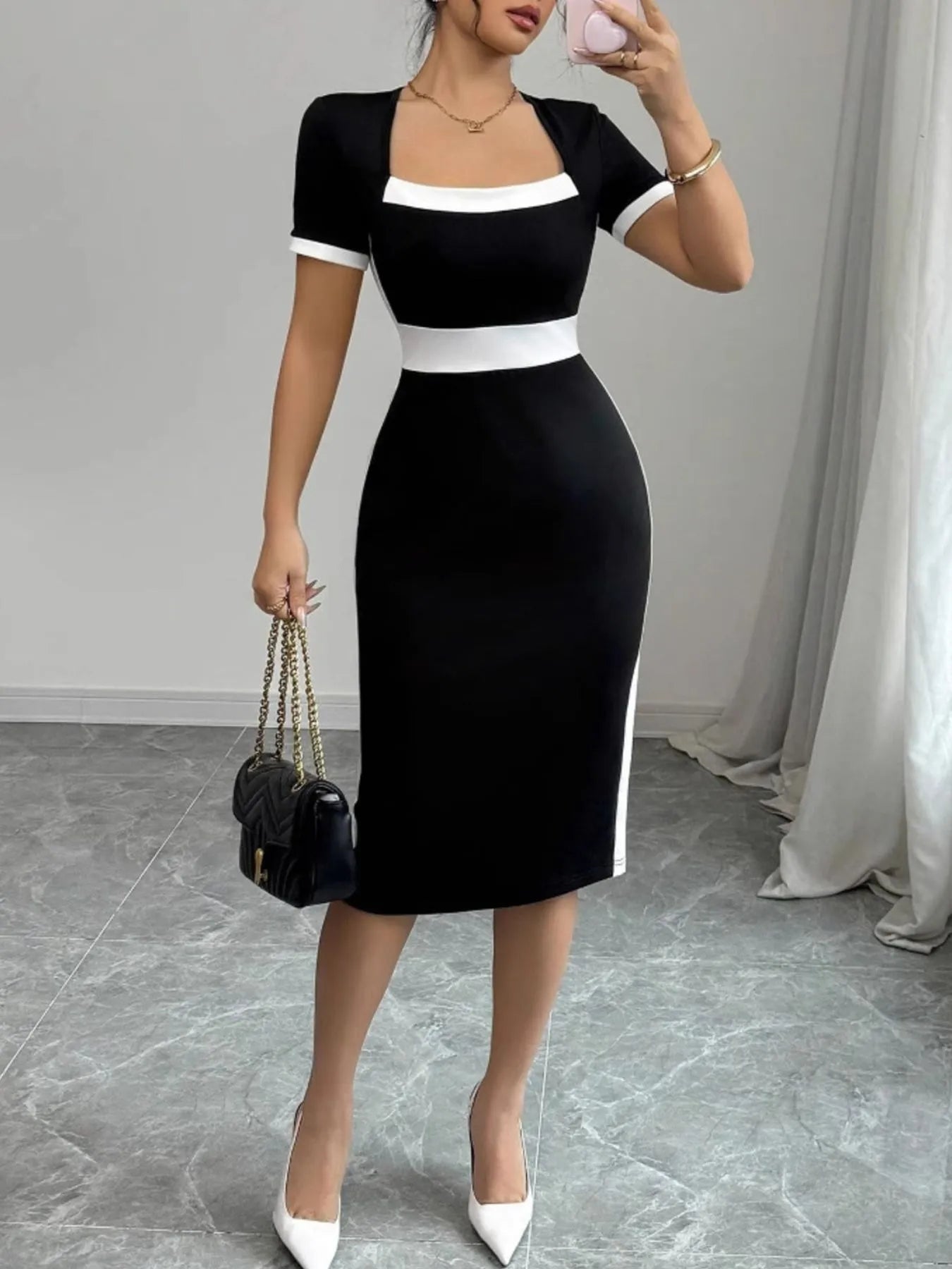 Two-Tone Short Sleeve Bodycon Dress - Roe Creation
