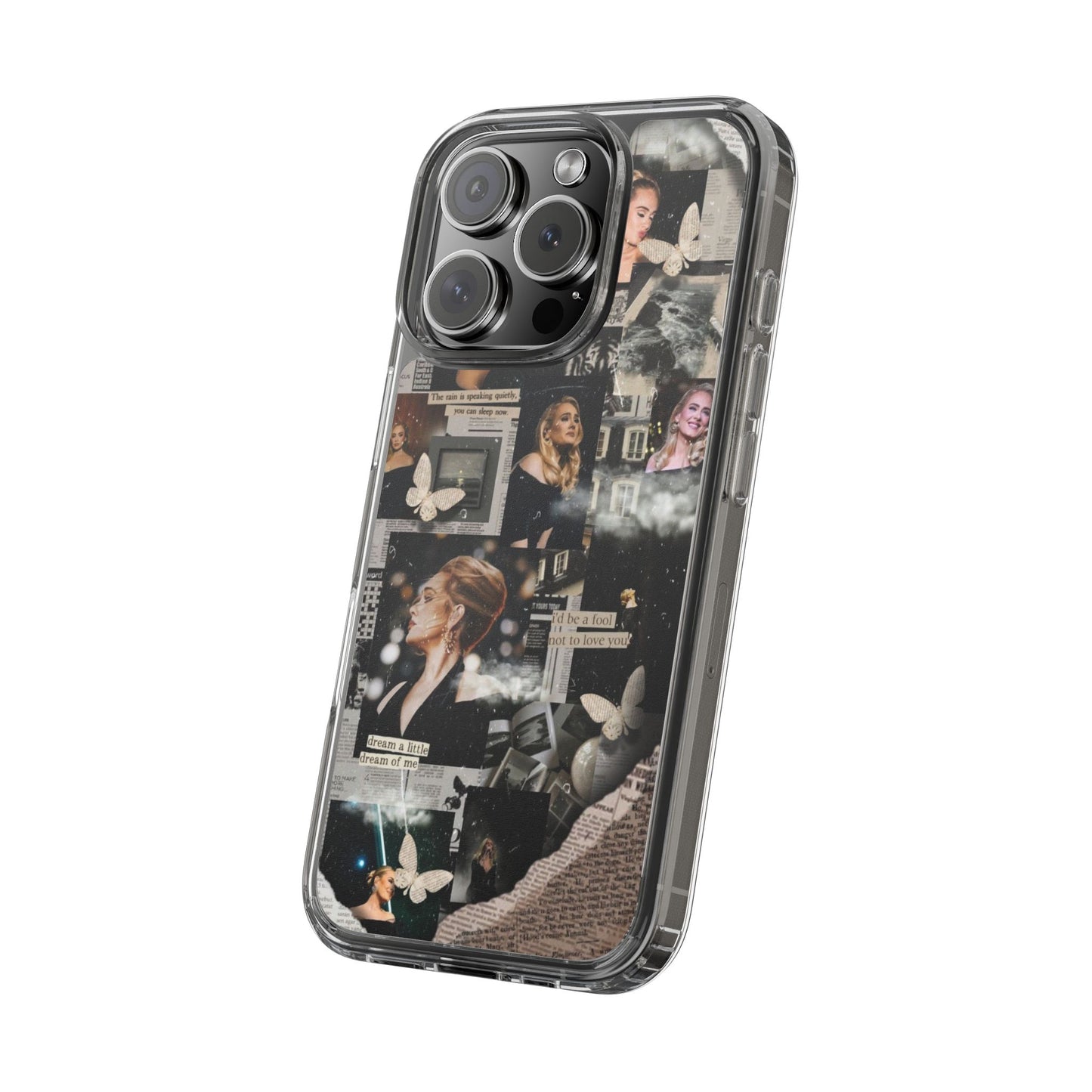 Adele Aesthetic Clear Phone Case with Butterfly Collage Design