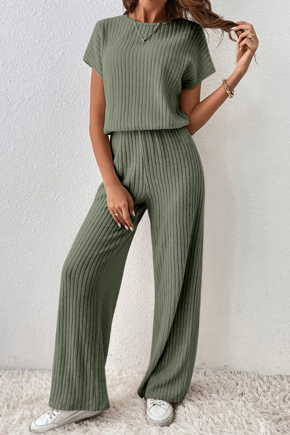 Ribbed Short Sleeve Wide Leg Jumpsuit - Roe Creation