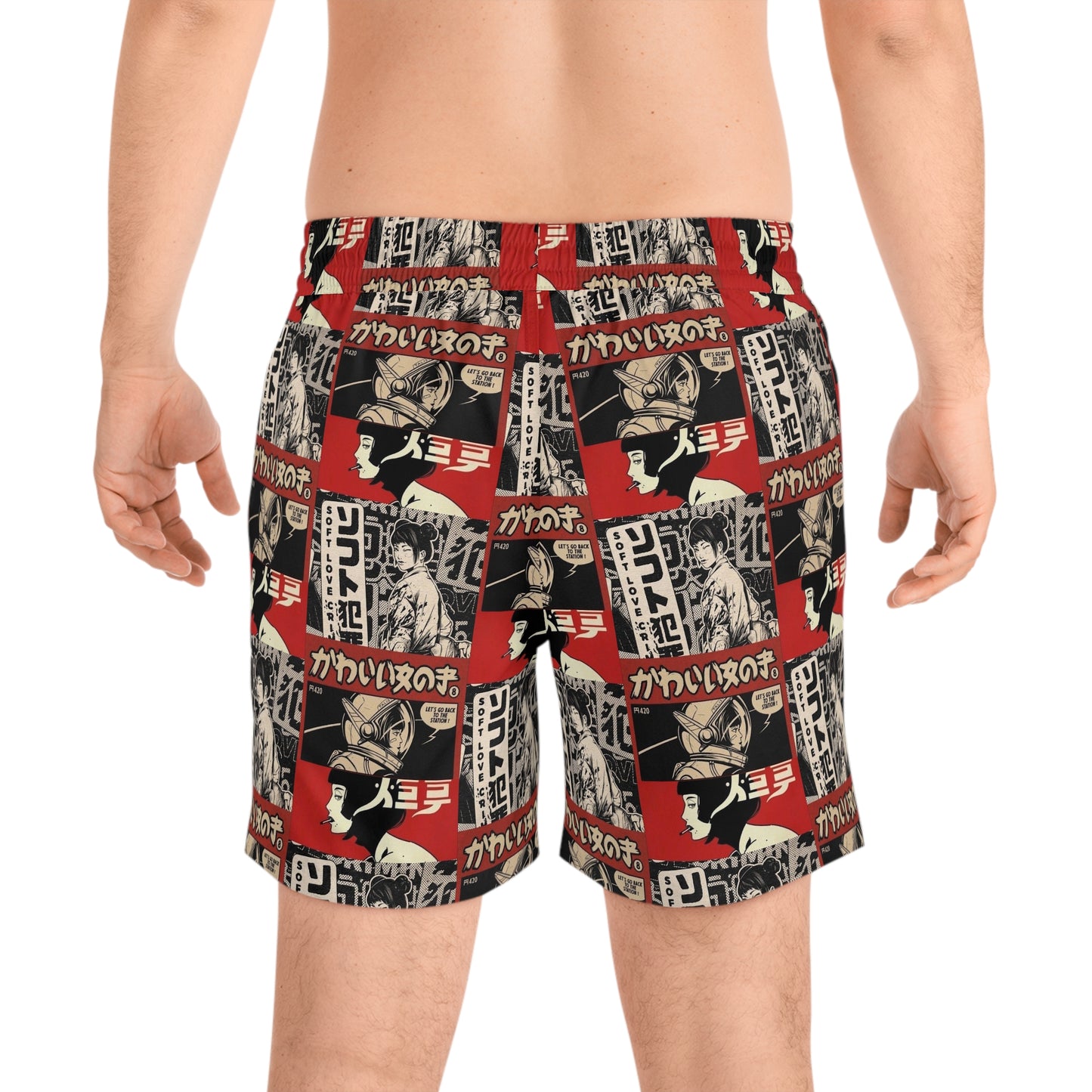 Retro Japanese Print Men's Swim Shorts - Stylish Beachwear
