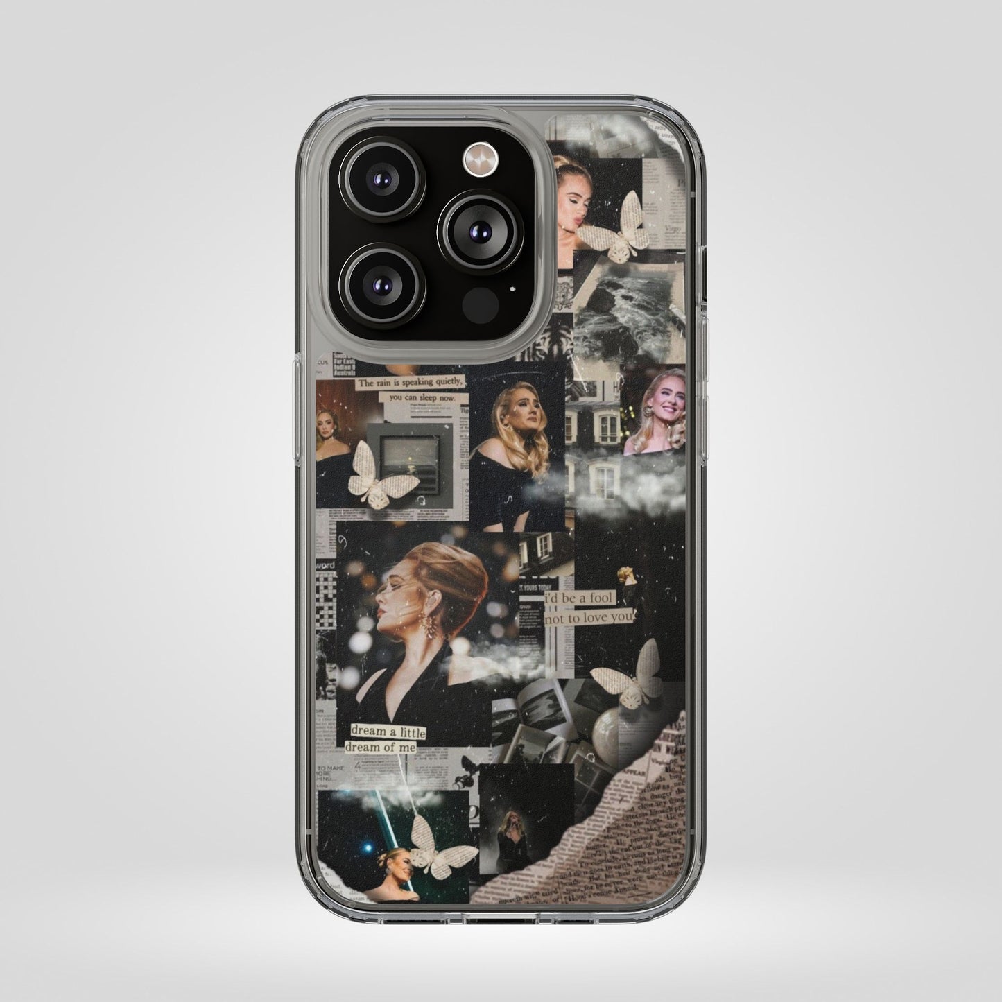 Adele Aesthetic Clear Phone Case with Butterfly Collage Design