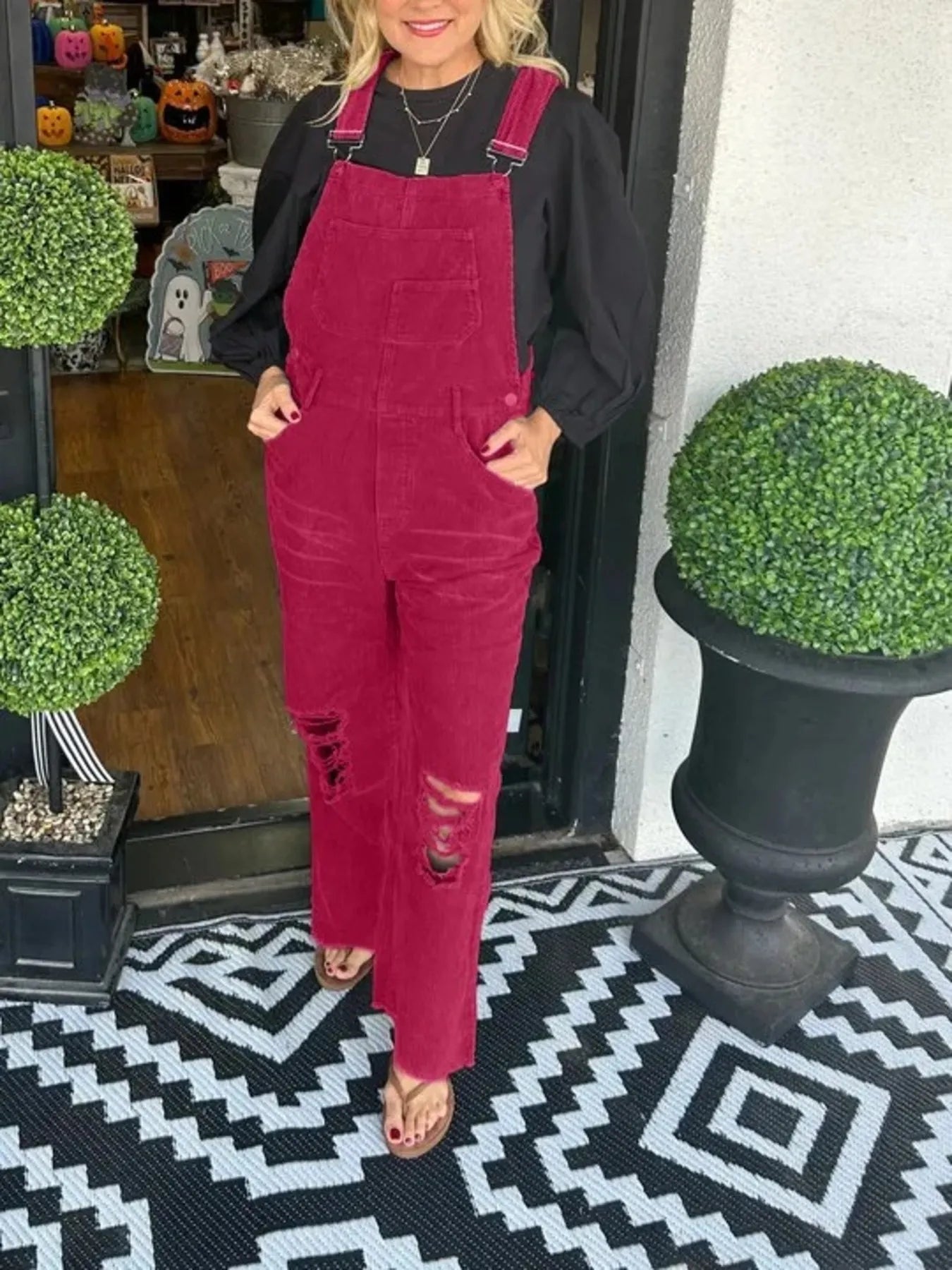 Distressed Wide Leg Corduroy Overalls - Roe Creation
