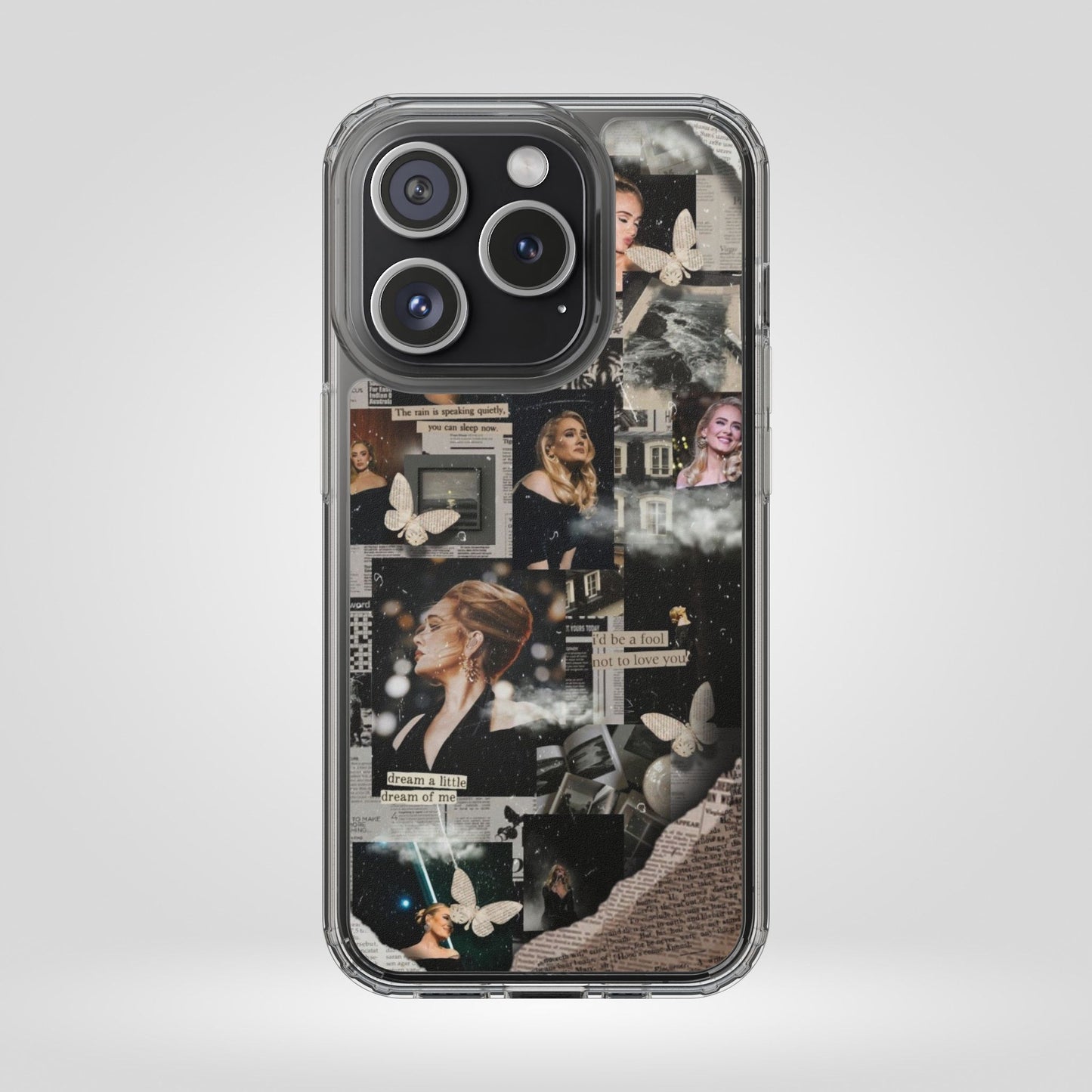 Adele Aesthetic Clear Phone Case with Butterfly Collage Design