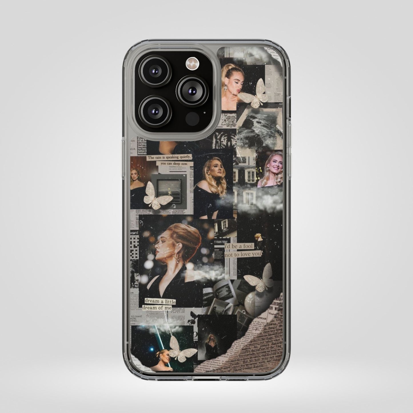Adele Aesthetic Clear Phone Case with Butterfly Collage Design