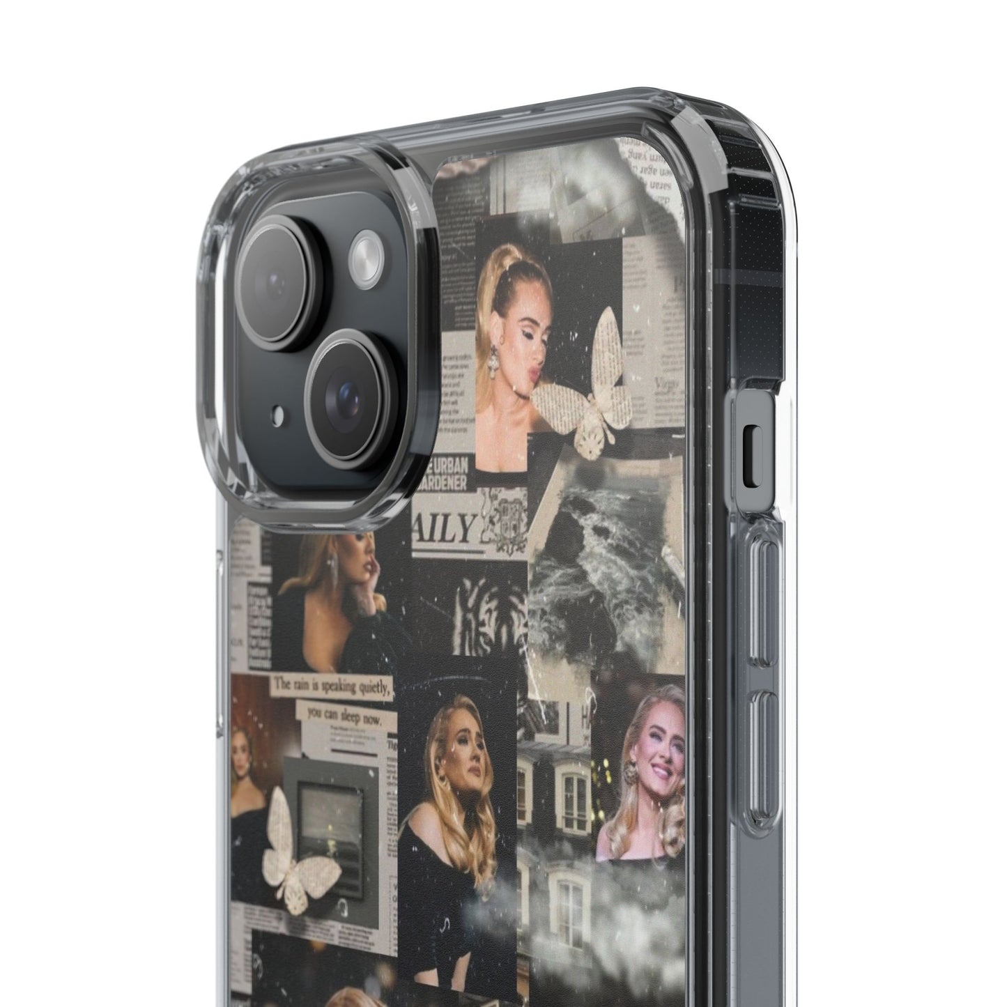 Adele Aesthetic Clear Phone Case with Butterfly Collage Design