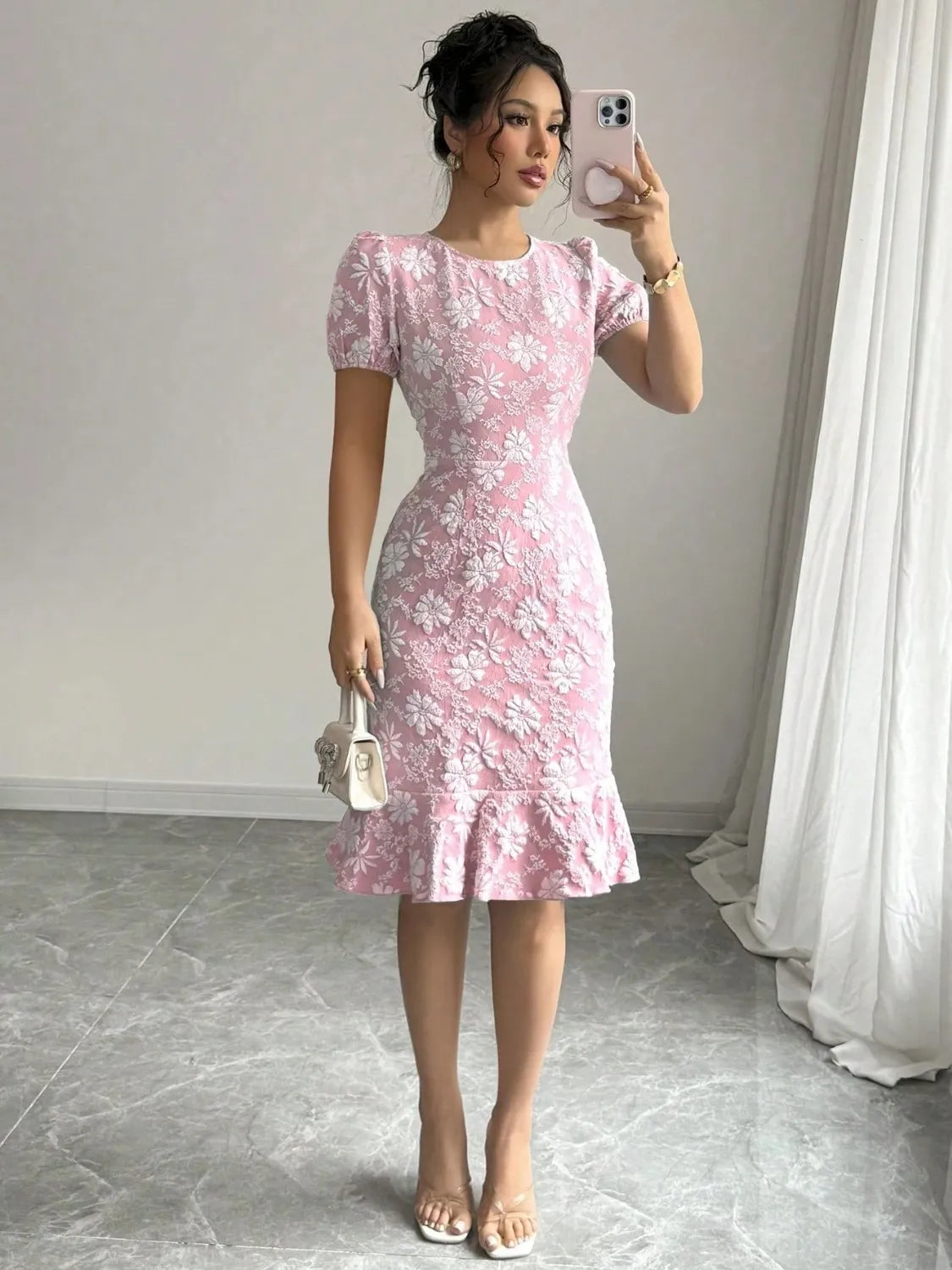 Floral Short Sleeve Dress with Ruffled Hem - Roe Creation
