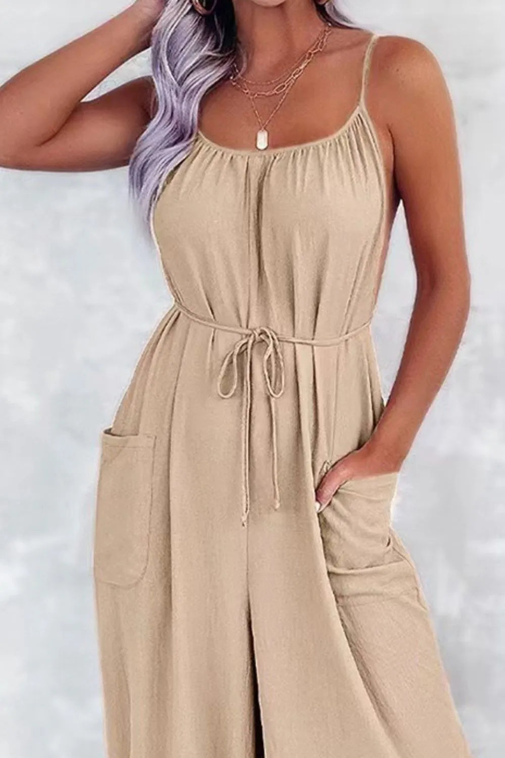 Casual Spaghetti Strap Wide Leg Jumpsuit with Pockets - Roe Creation