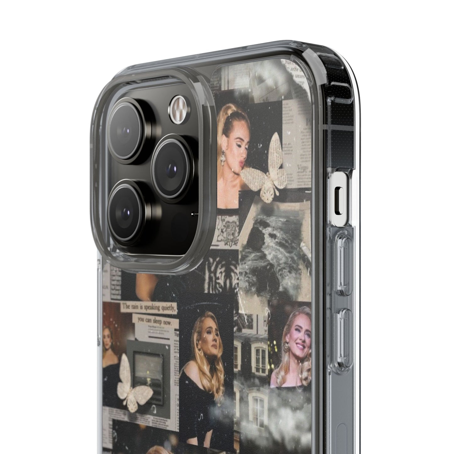 Adele Aesthetic Clear Phone Case with Butterfly Collage Design