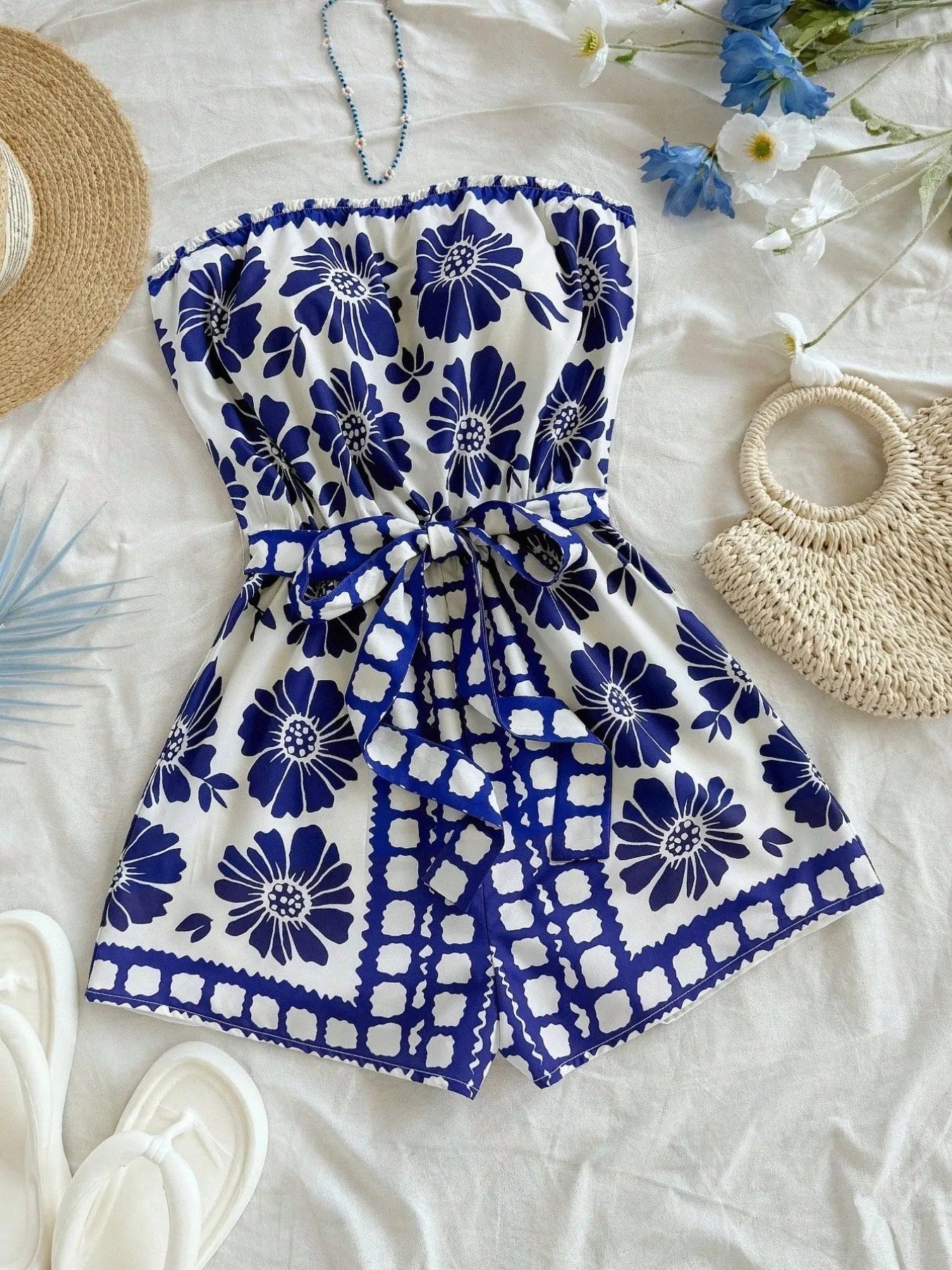 Printed Tube Tie Waist Romper - Roe Creation