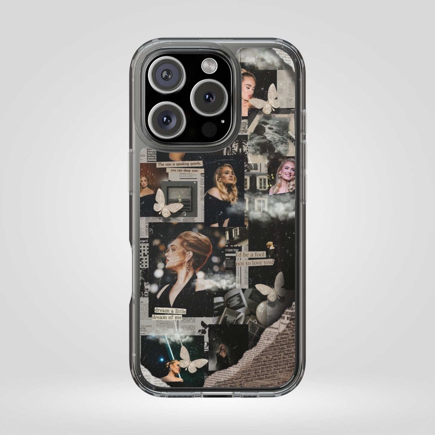 Adele Aesthetic Clear Phone Case with Butterfly Collage Design