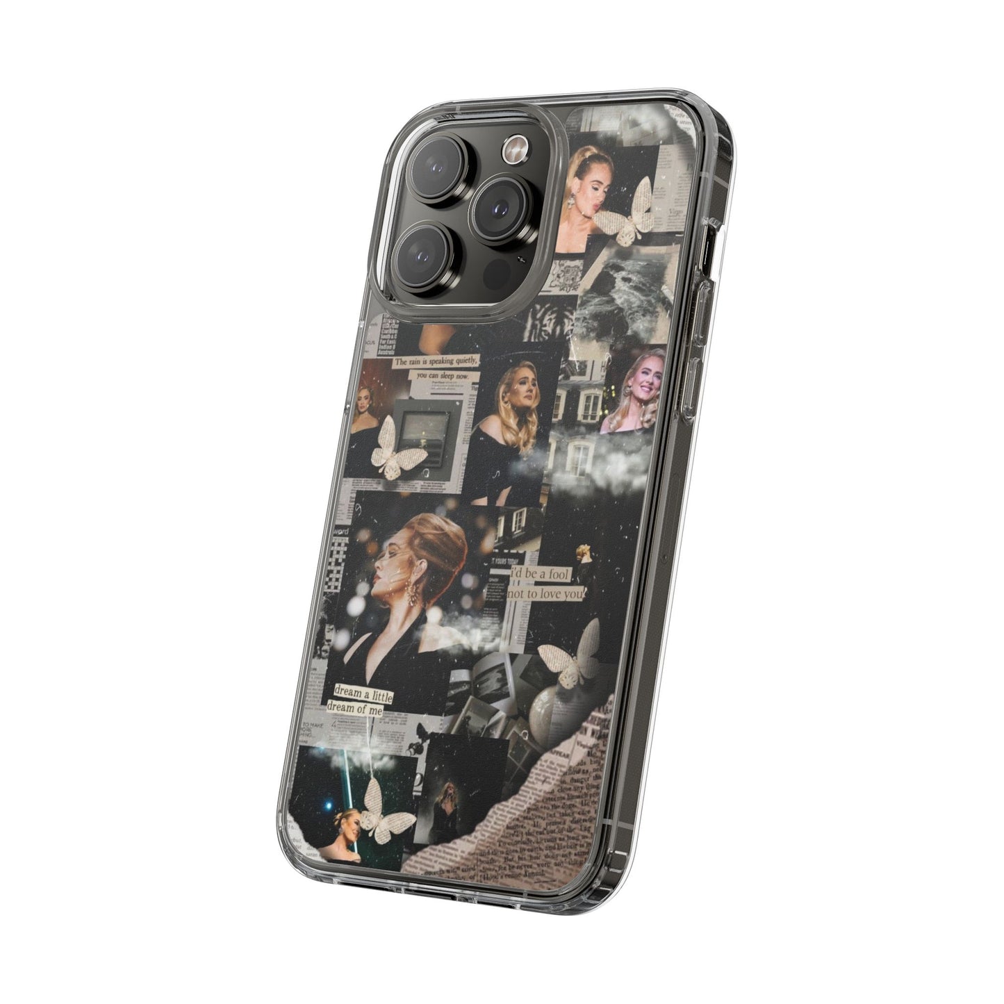 Adele Aesthetic Clear Phone Case with Butterfly Collage Design