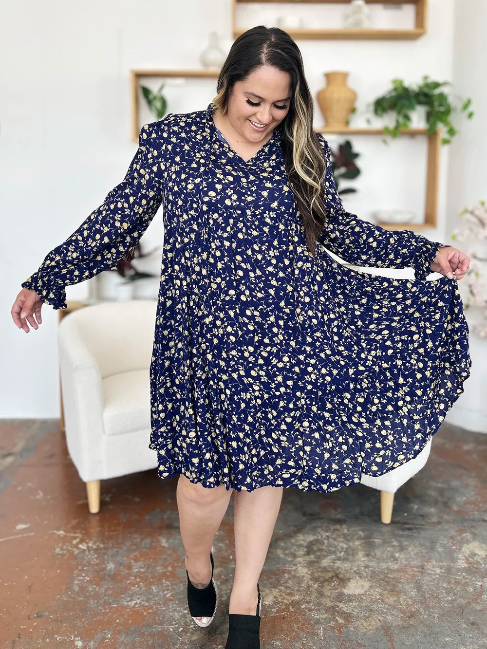 Double Take Full Size Printed Ruffle Hem Long Sleeve Tiered Dress - Roe Creation