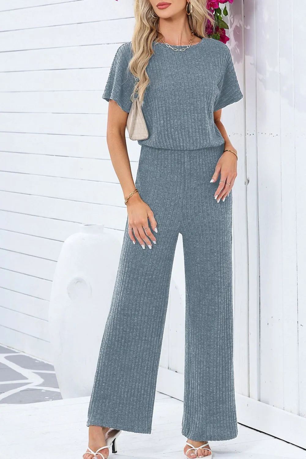 Ribbed Short Sleeve Wide Leg Jumpsuit - Roe Creation