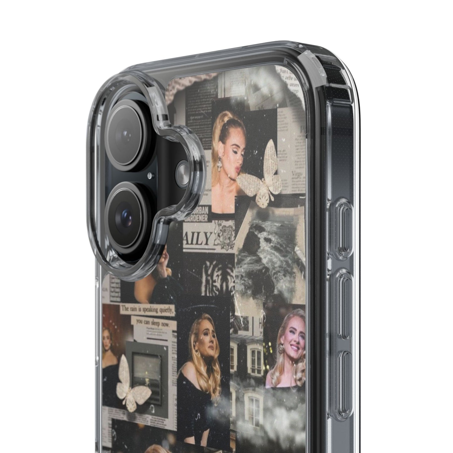 Adele Aesthetic Clear Phone Case with Butterfly Collage Design