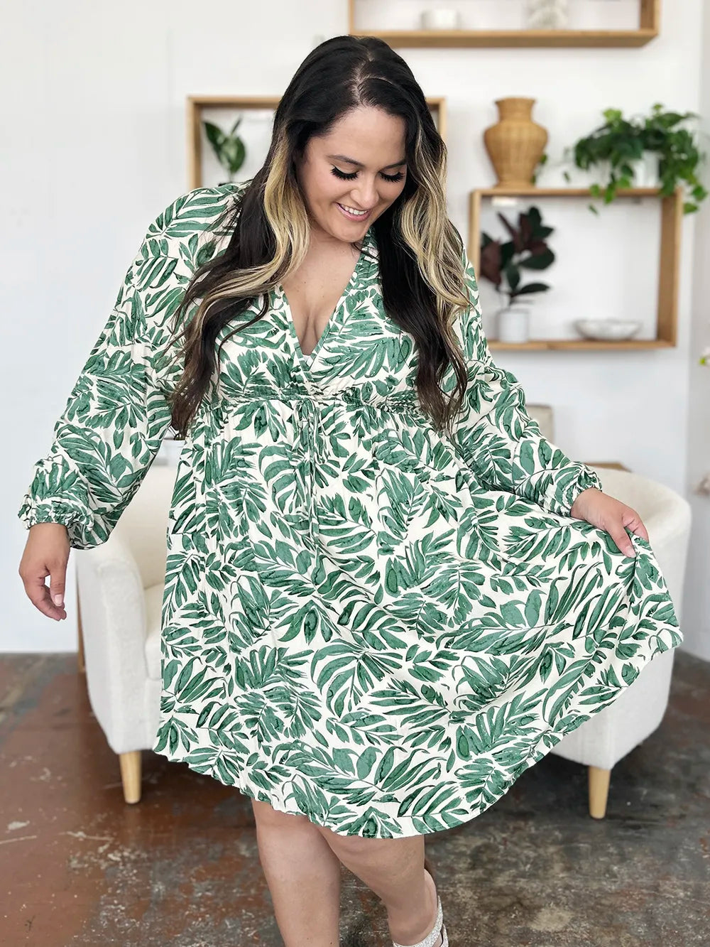Double Take Full Size Printed Ruched Balloon Sleeve Dress - Roe Creation