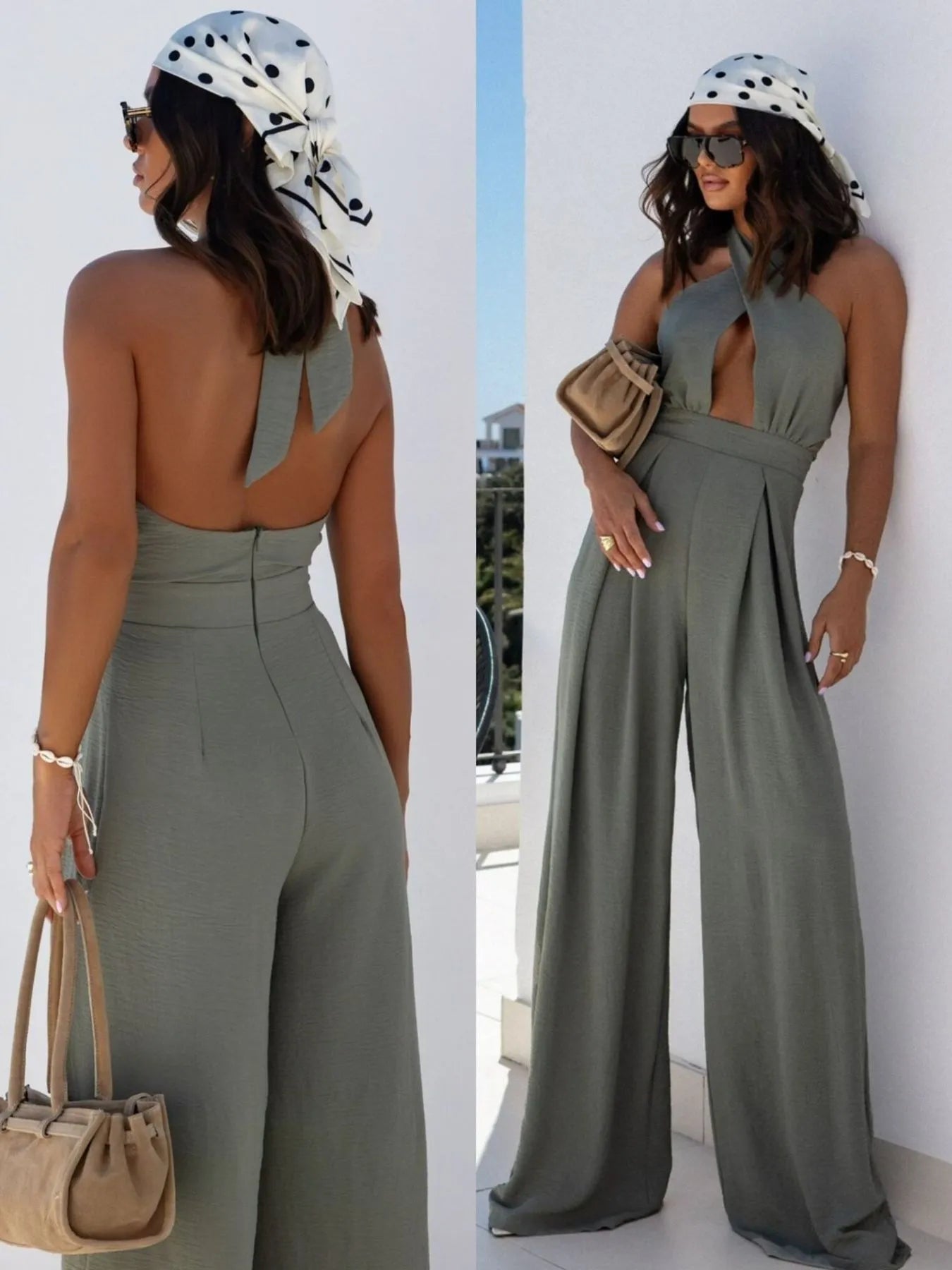 Wide Leg Cutout Halter Neck Jumpsuit - Roe Creation