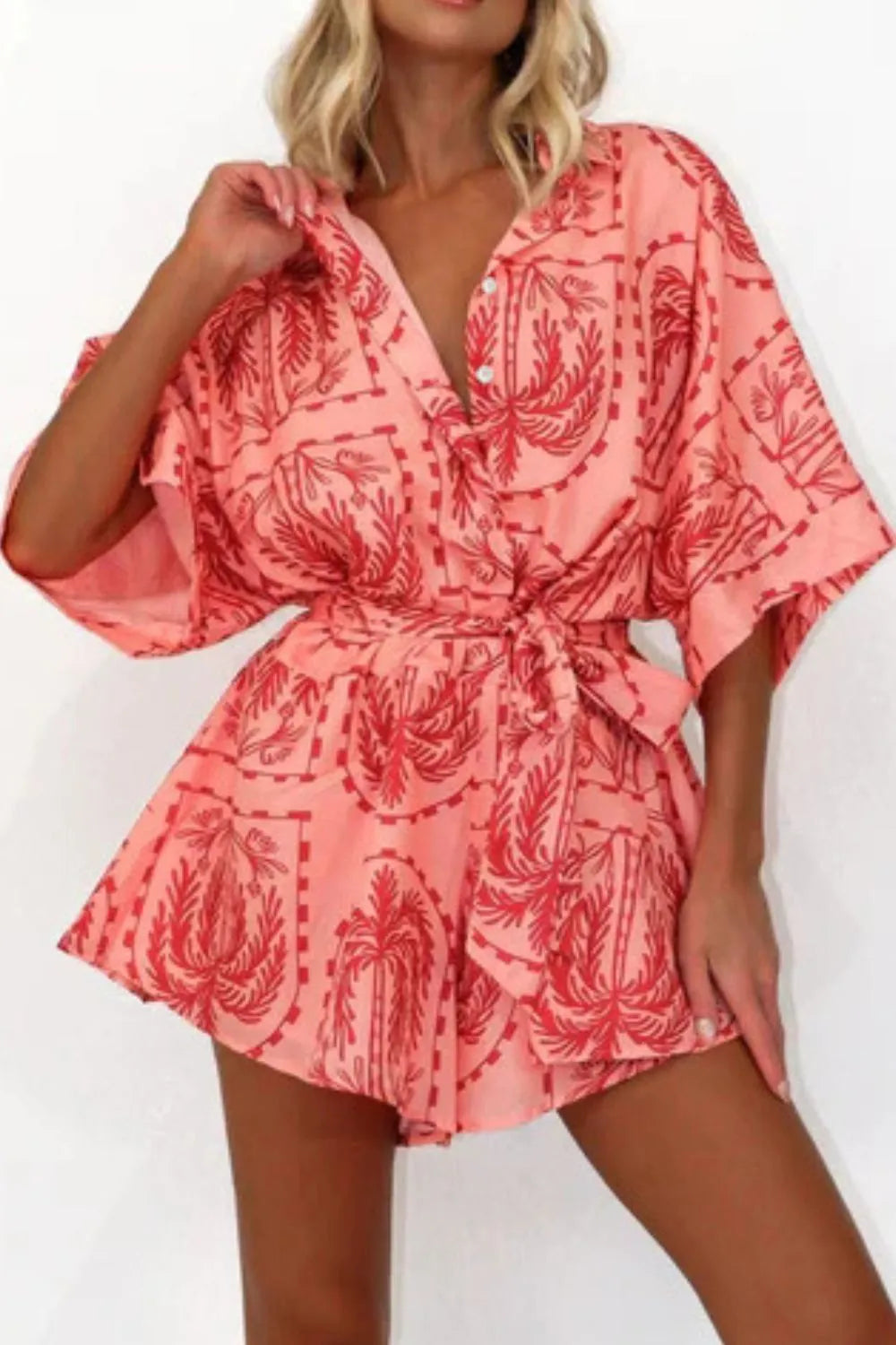 Printed Tie Waist Romper - Roe Creation