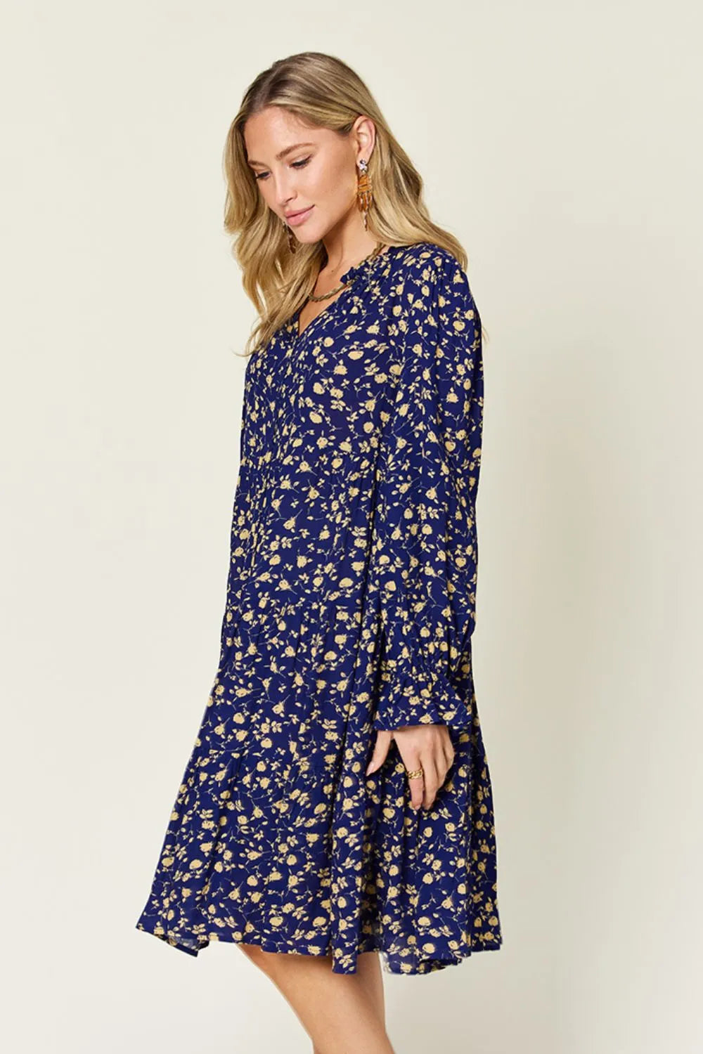 Double Take Full Size Printed Ruffle Hem Long Sleeve Tiered Dress - Roe Creation