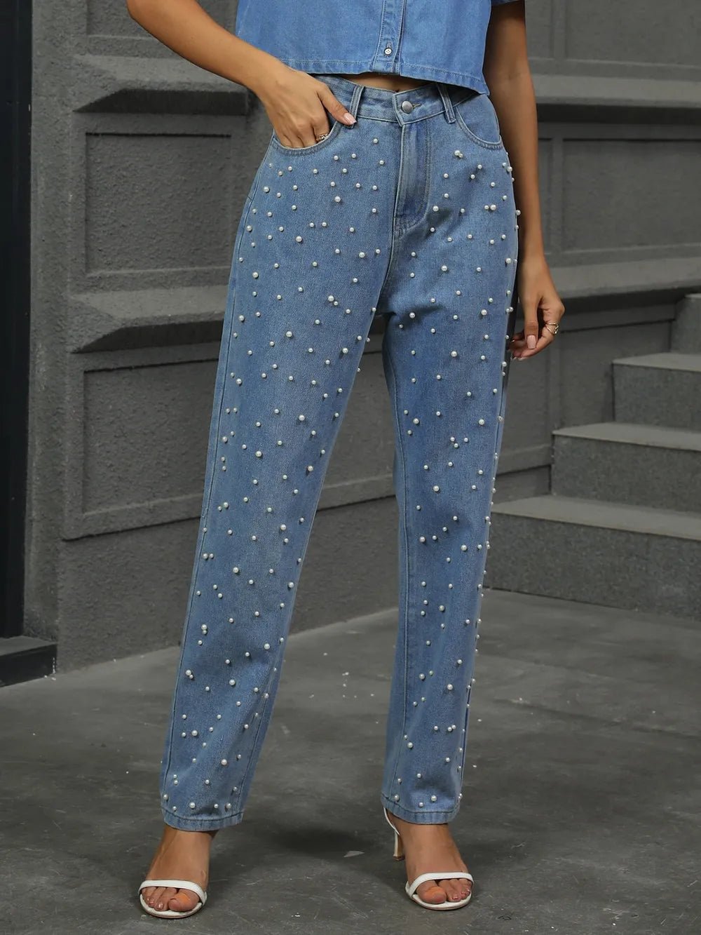 Pearl Detail Straight Jeans with Pockets - Roe Creation