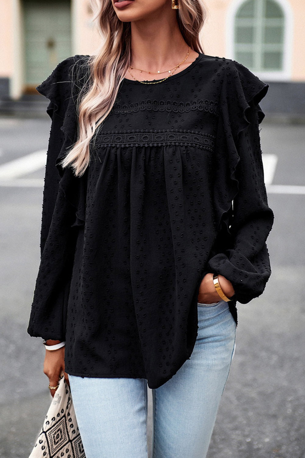 Women’s Round Neck Ruffled Blouse with Lace Detail – Elegant Casual Top - Roe Creation
