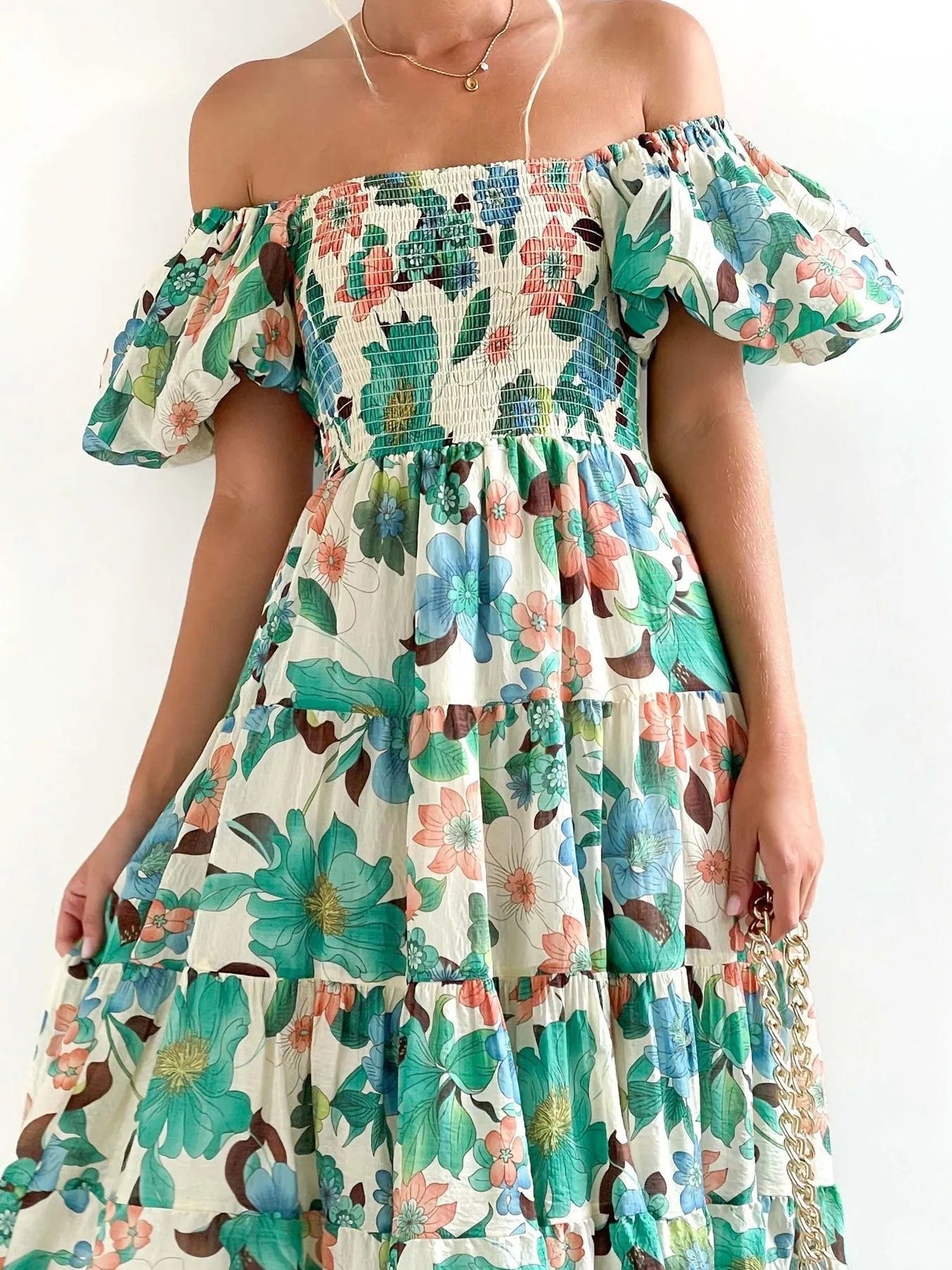 Floral Smocked Puff Sleeve Tiered Dress - Roe Creation
