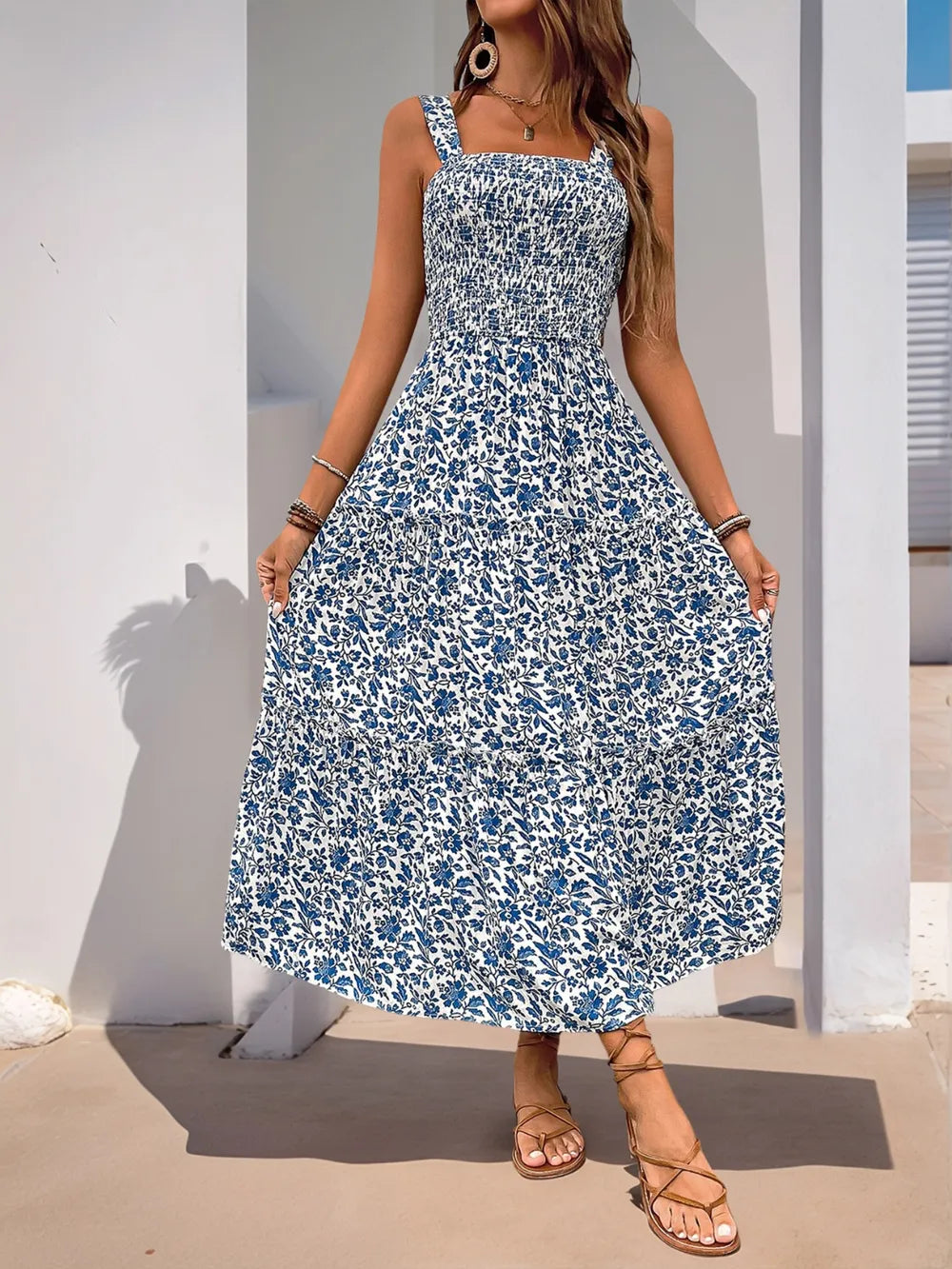 Frill Trim Printed Square Neck Midi Cami Dress - Roe Creation