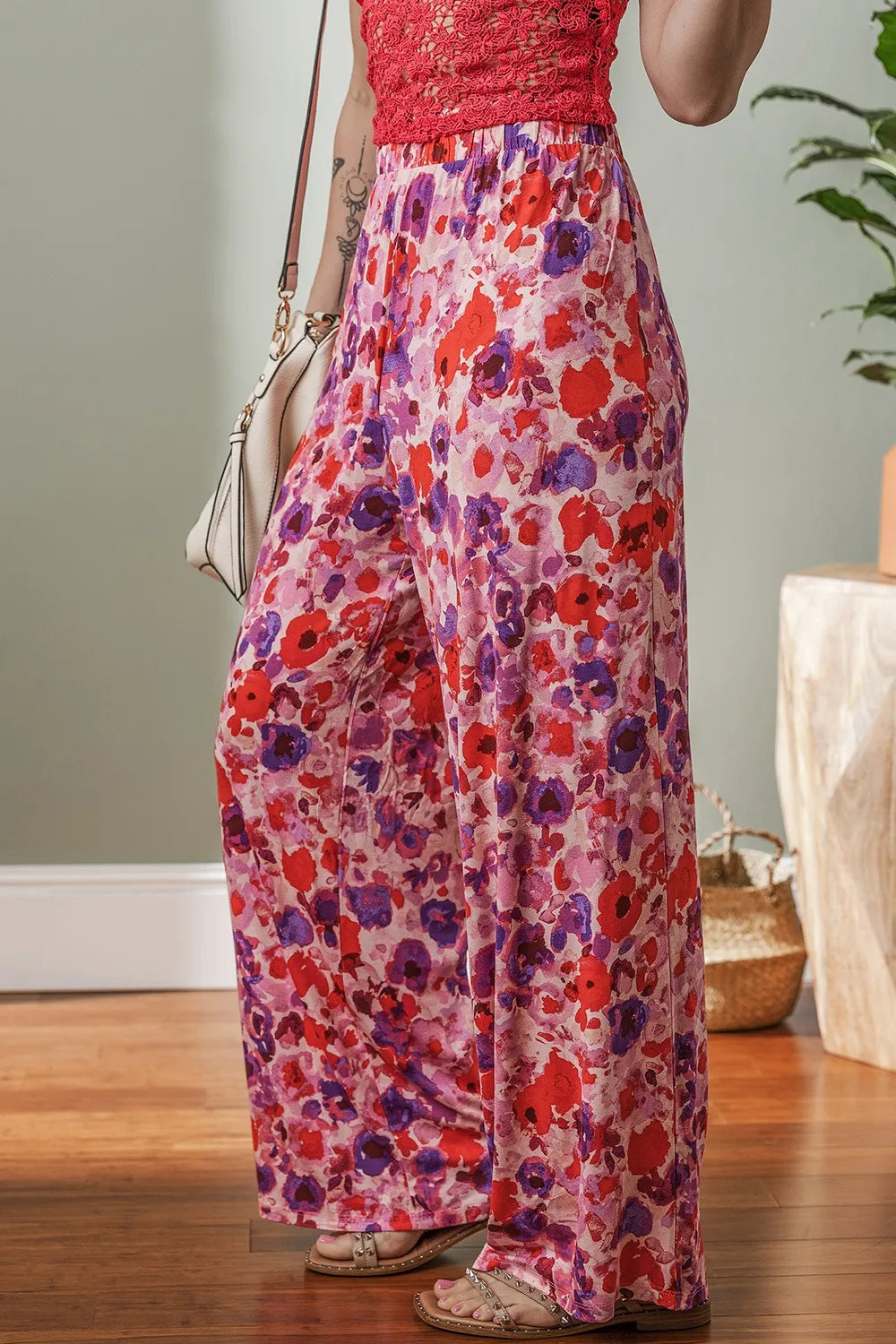 Floral Wide Leg Elastic High Waist Pants - Roe Creation