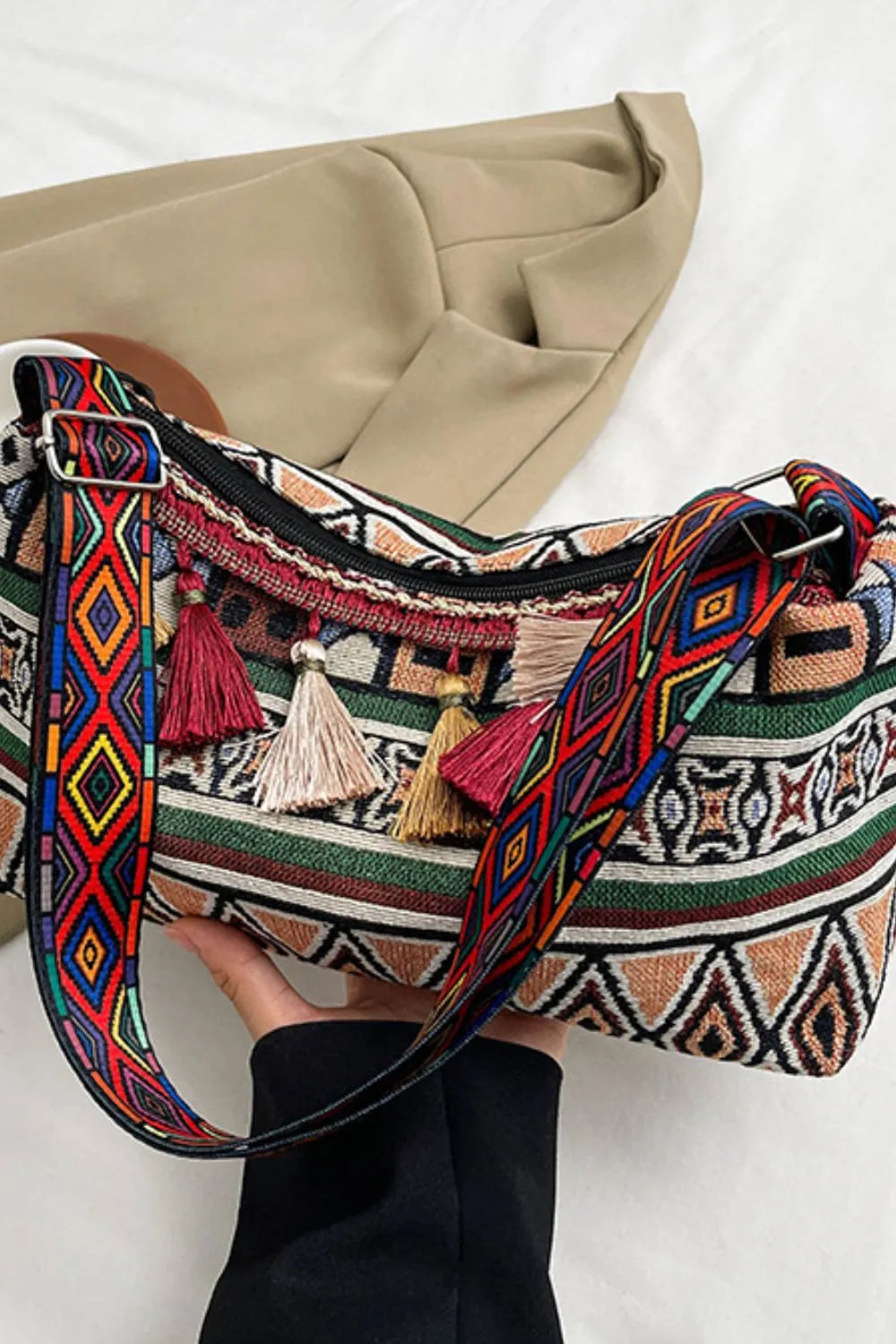Retro Patterned Shoulder Bag with Tassel and Adjustable Strap - Roe Creation