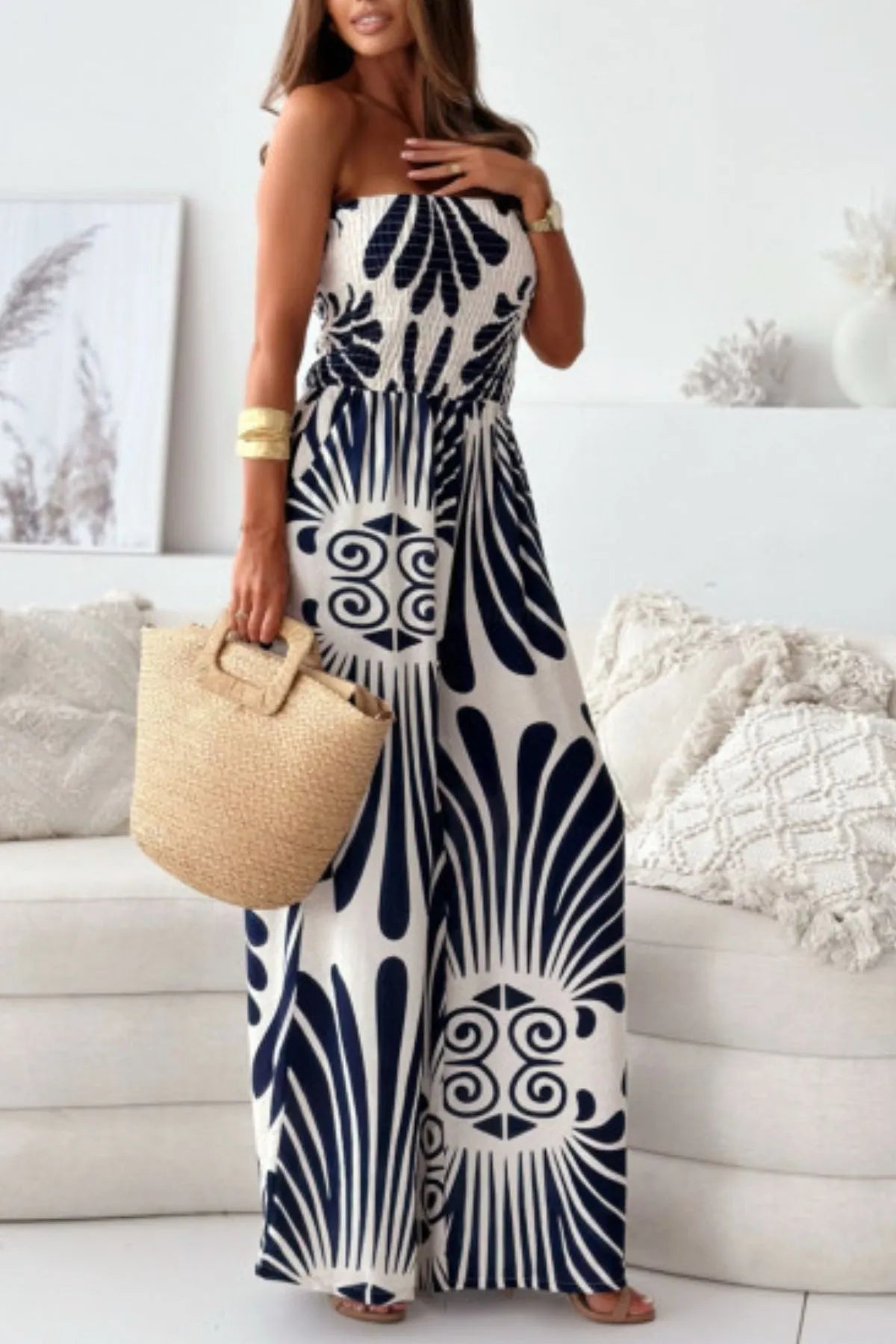 Printed Smocked Tube Wide Leg Jumpsuit - Roe Creation