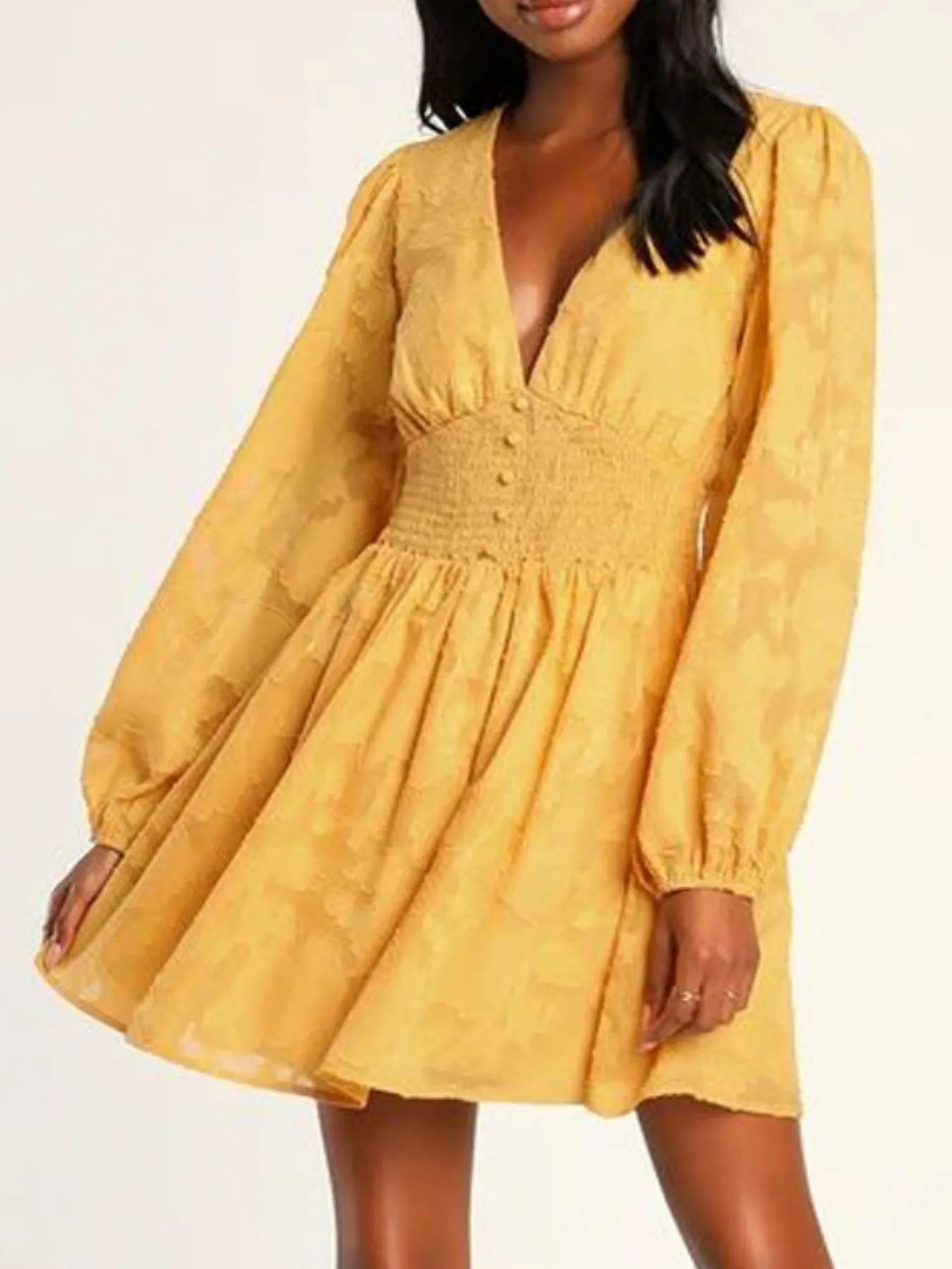 Smocked V-Neck Balloon Sleeve Dress - Roe Creation