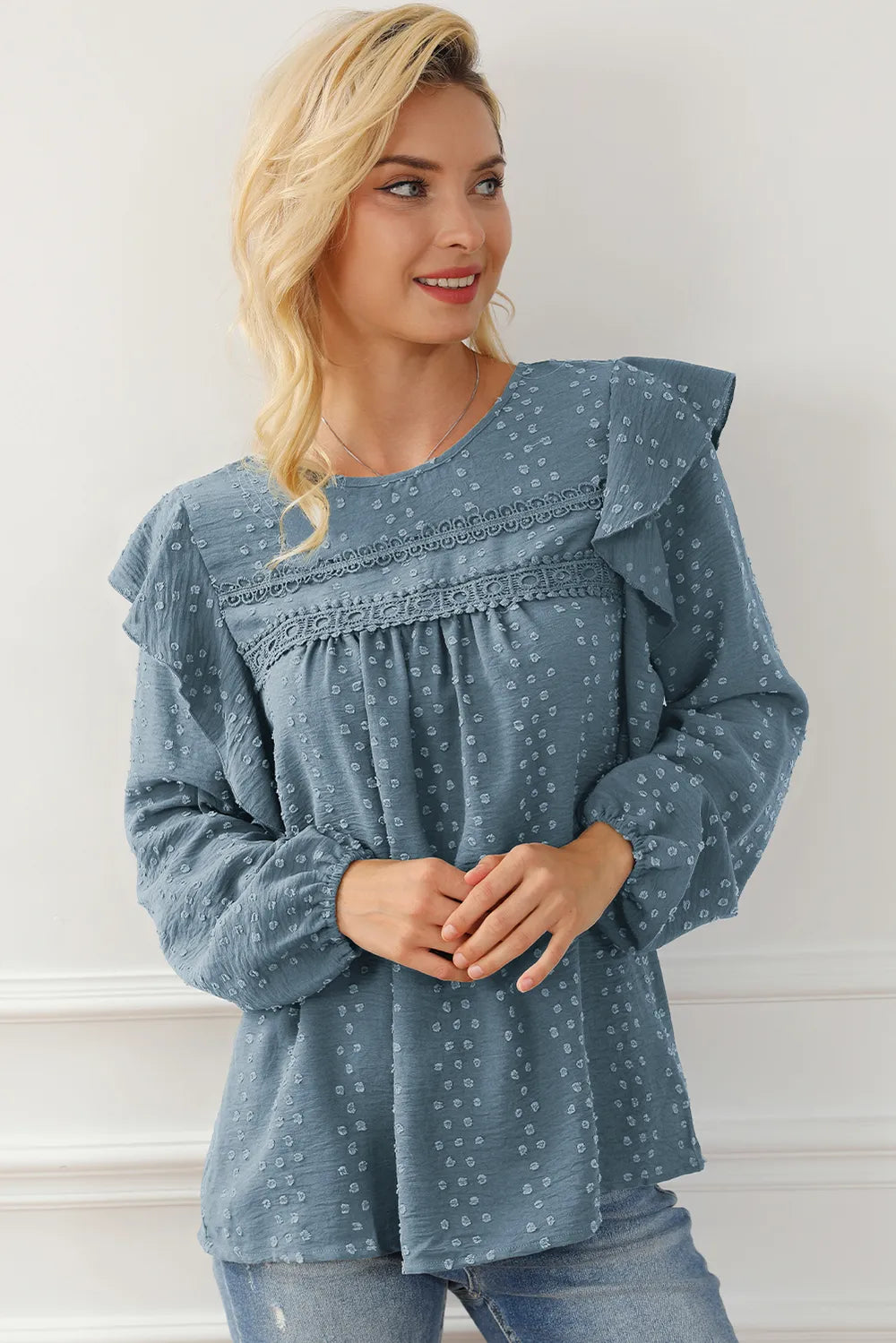 Women’s Round Neck Ruffled Blouse with Lace Detail – Elegant Casual Top - Roe Creation