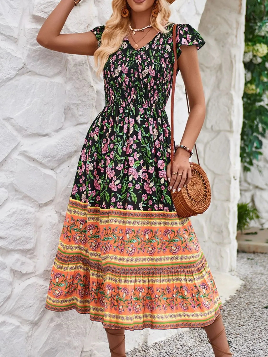 Printed Round Neck Cap Sleeve Dress - Roe Creation
