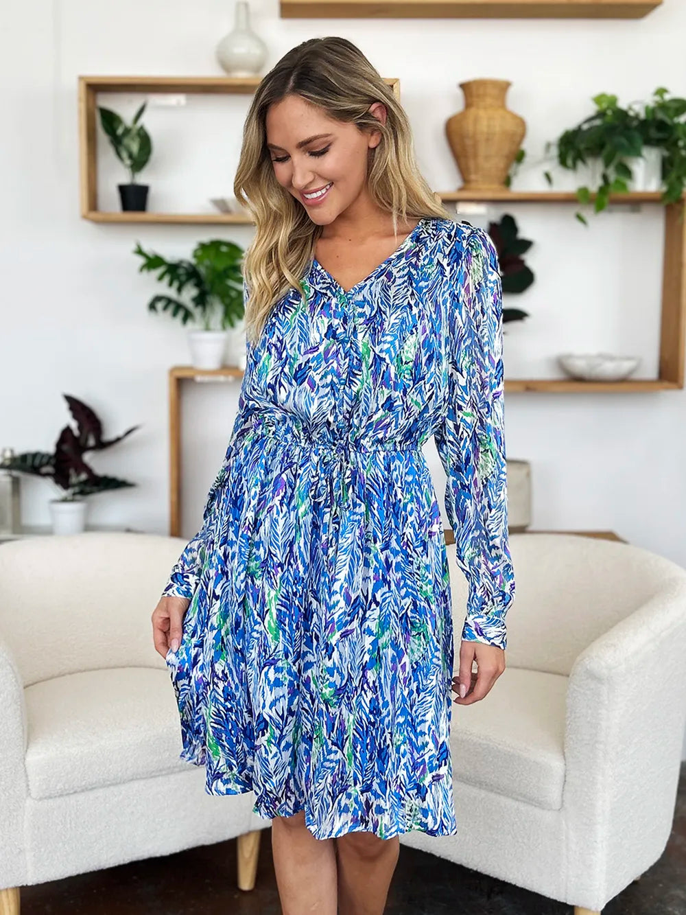 Double Take Full Size Printed Drawstring Waist Long Sleeve Dress - Roe Creation