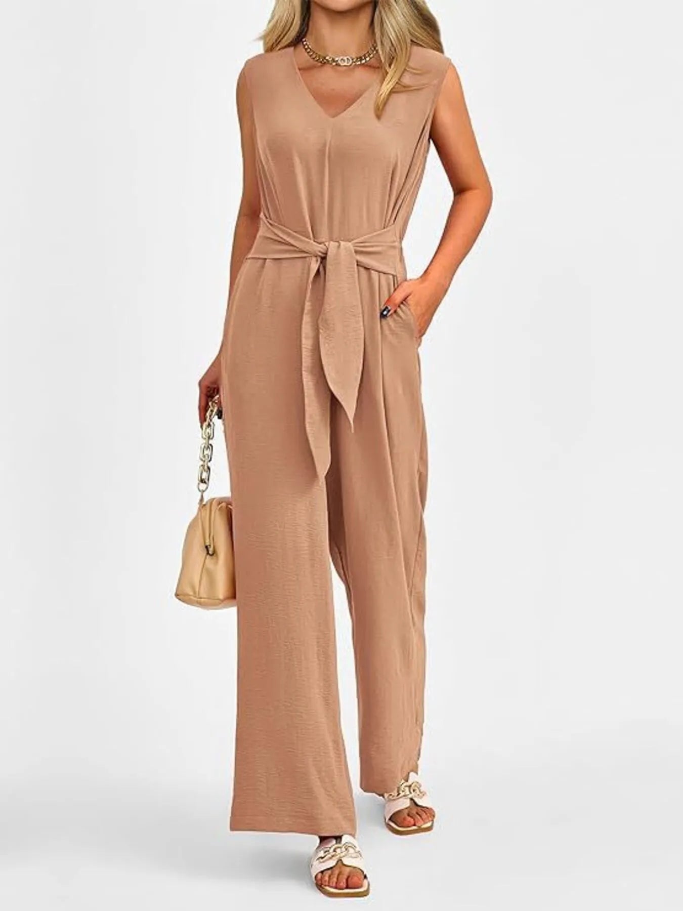 V-Neck Sleeveless Wide-Leg Jumpsuit with Waist Tie - Roe Creation